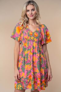 Olive Leaf Print Smocked V-Neck Dress sold by Pinkblush