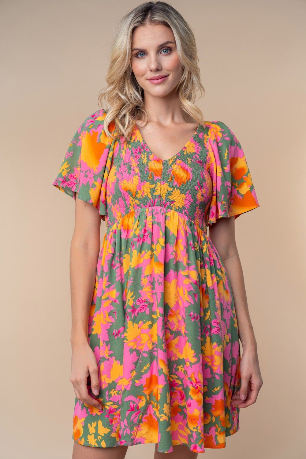 Olive Leaf Print Smocked V-Neck Dress sold by Pinkblush