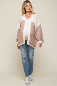 Mauve Color Blocked Chunky Knit Oversized Maternity Cardigan sold by Pinkblush