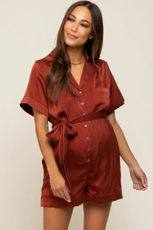 Rust Satin Button Down Maternity Romper sold by Pinkblush