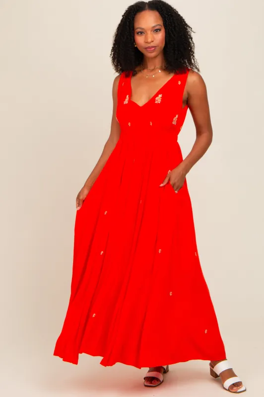 Coral Floral Embroidered Sleeveless Maxi Dress sold by Pinkblush