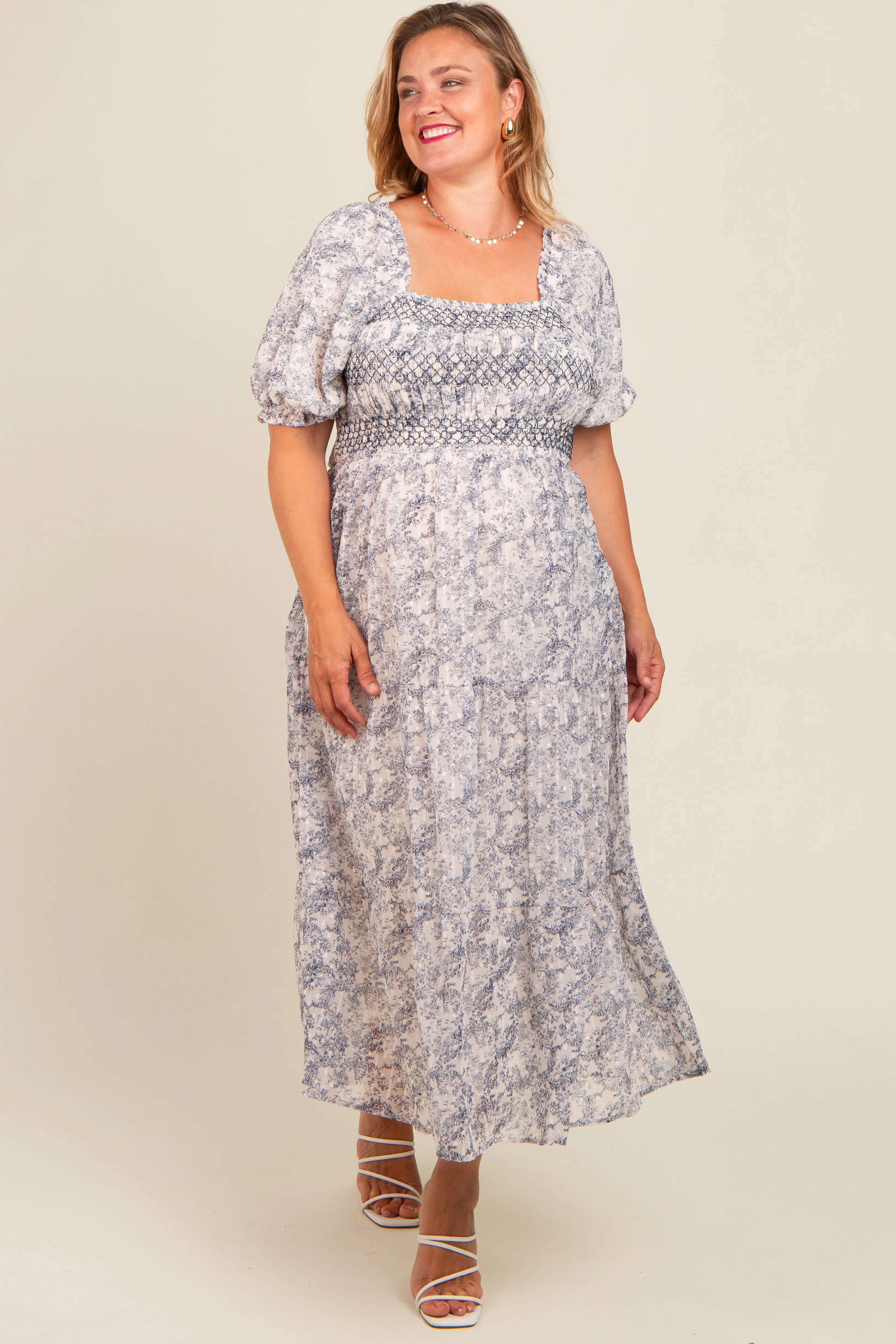 Navy Floral Embroidered Smocked Maternity Midi Dress sold by Pinkblush
