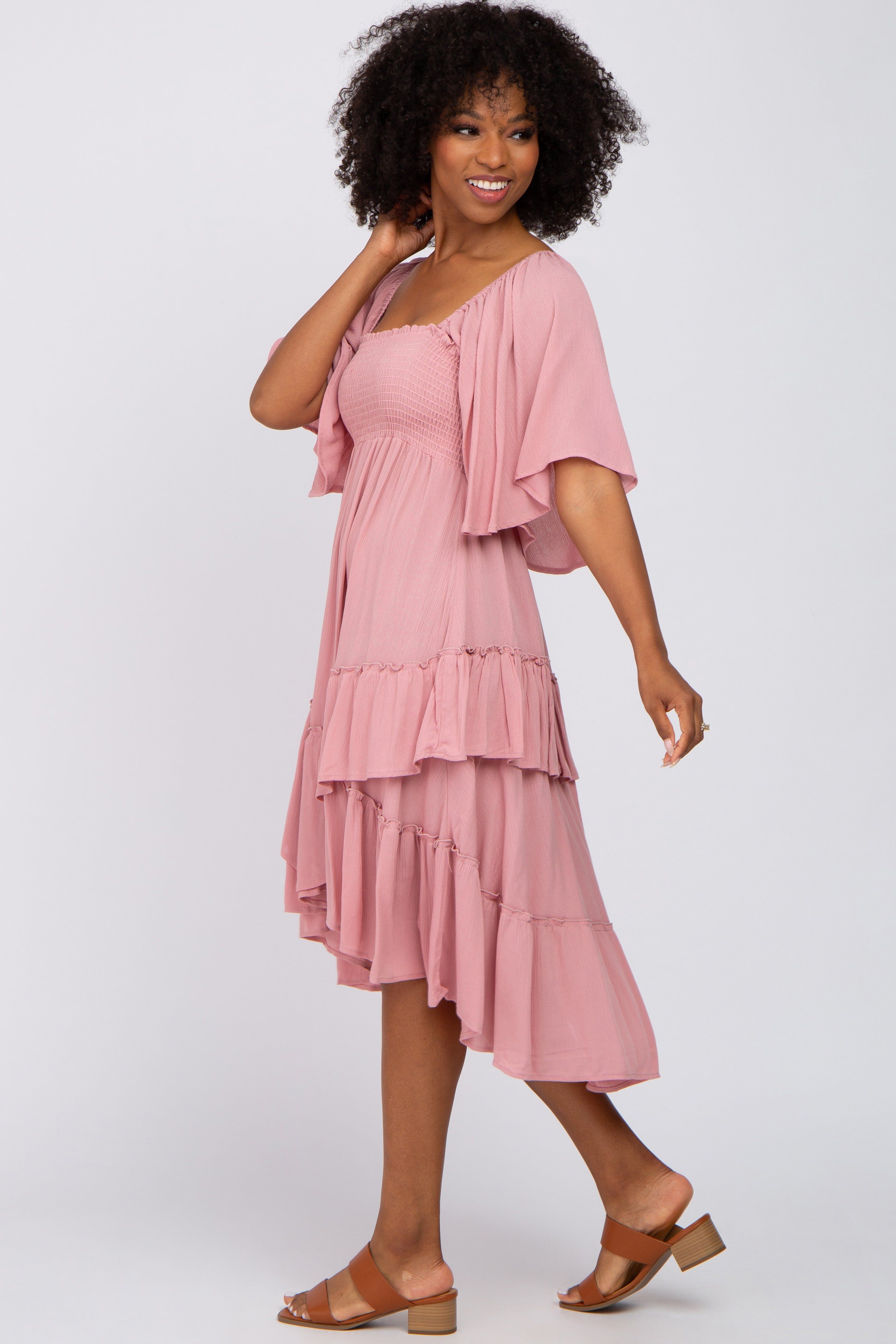 Mauve Smocked Asymmetric Tiered Midi Dress sold by Pinkblush product image thumbnail 2