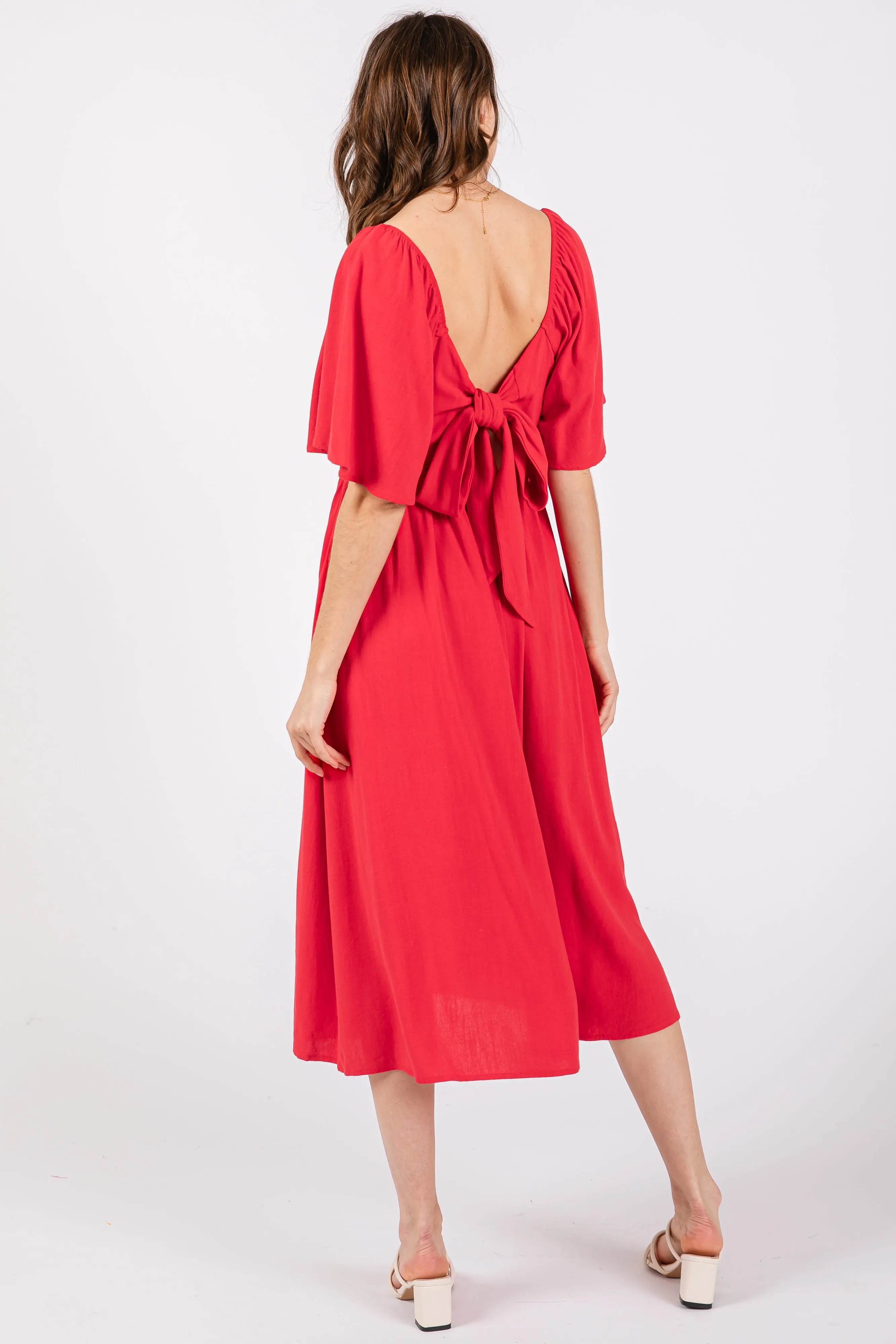 Red Flutter Short Sleeve Back Tie Cutout Midi Dress sold by Pinkblush product image thumbnail 3