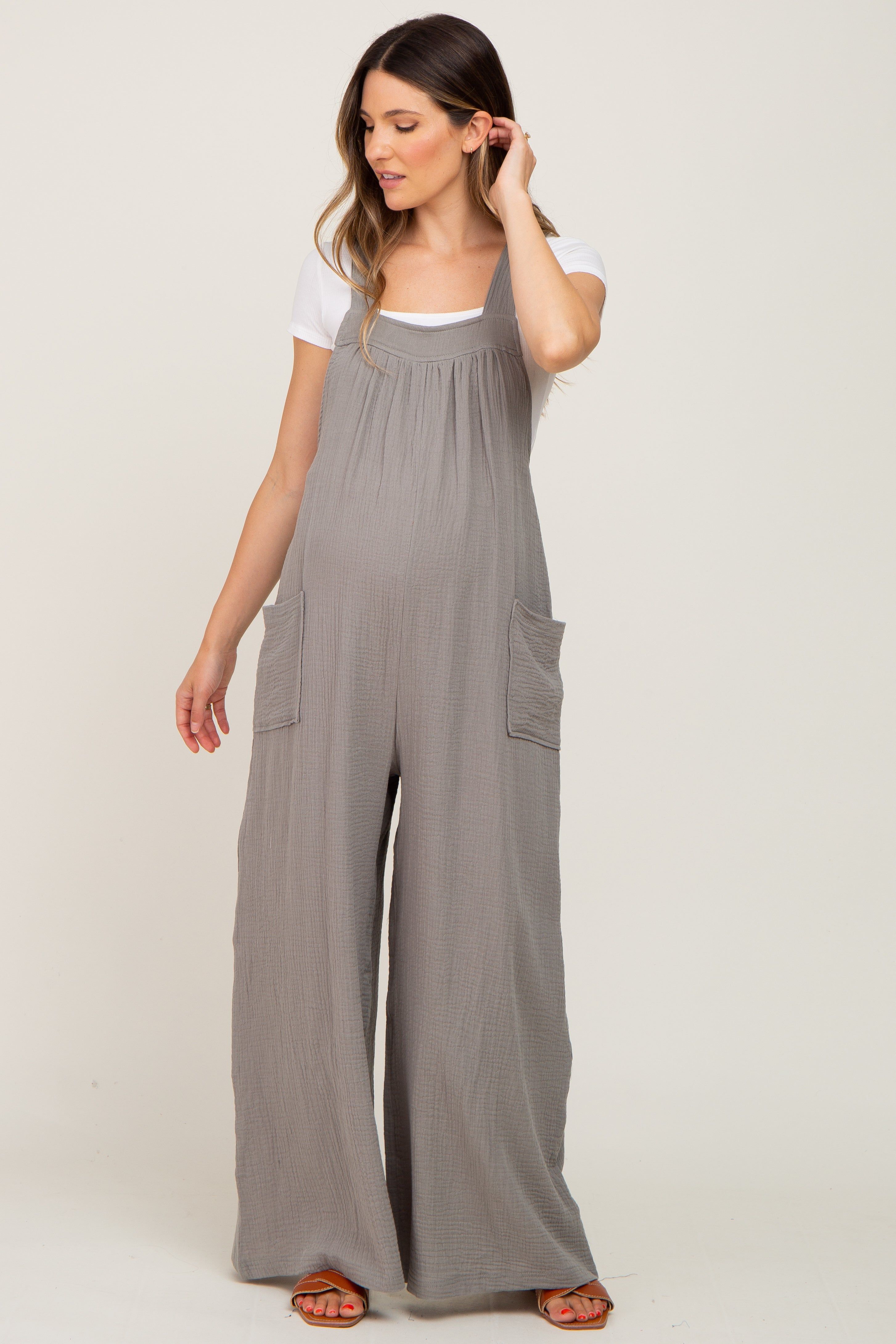 Olive Wide Leg Tie Back Maternity Overalls sold by Pinkblush