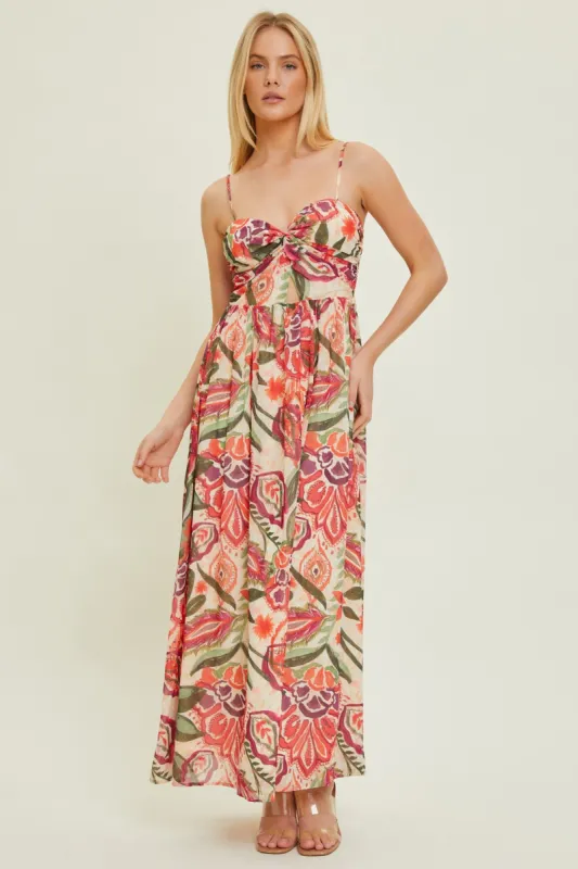Cream Floral Sleeveless Front Cutout Midi Dress sold by Pinkblush