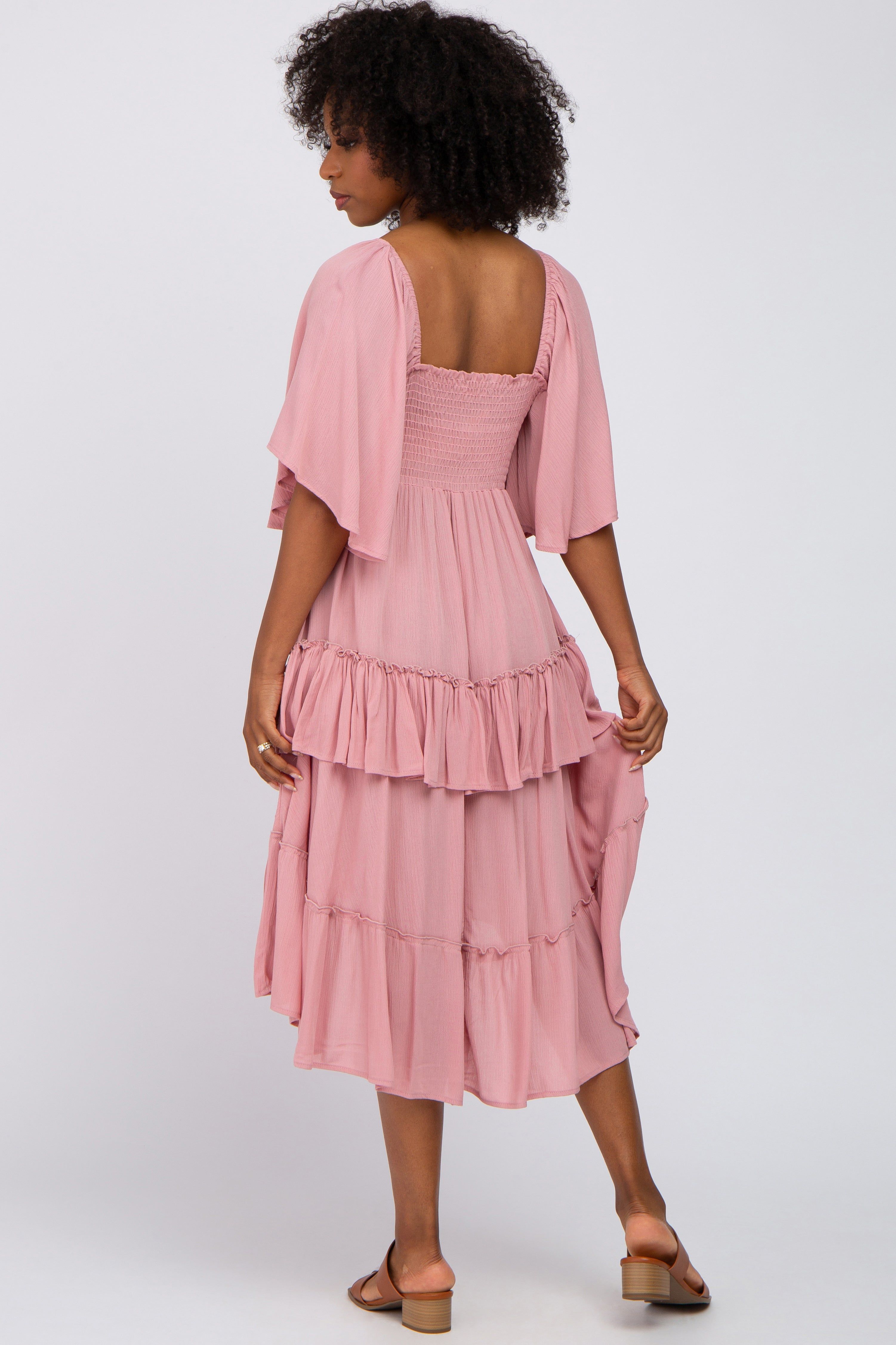 Mauve Smocked Asymmetric Tiered Midi Dress sold by Pinkblush product image thumbnail 3