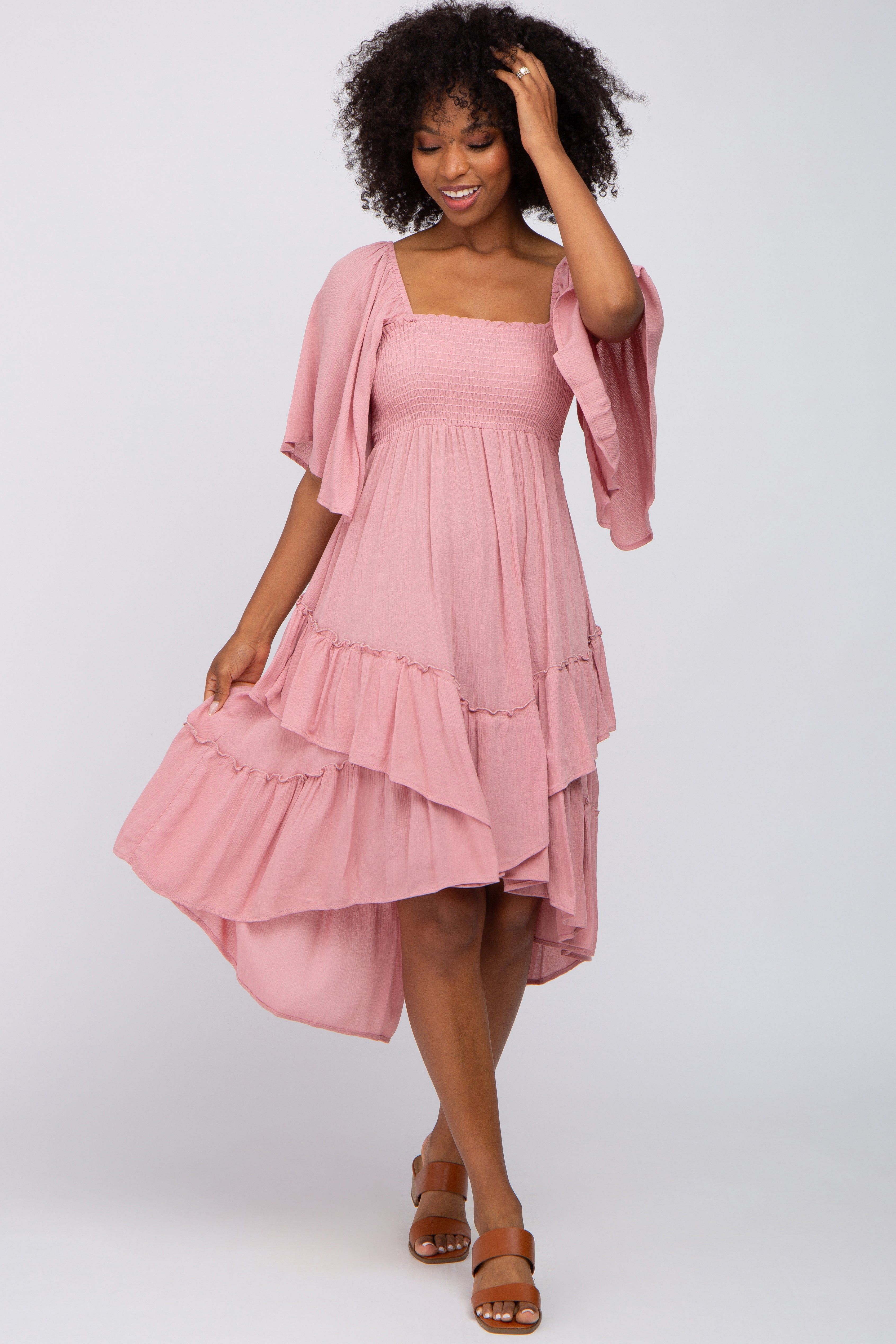 Mauve Smocked Asymmetric Tiered Midi Dress sold by Pinkblush