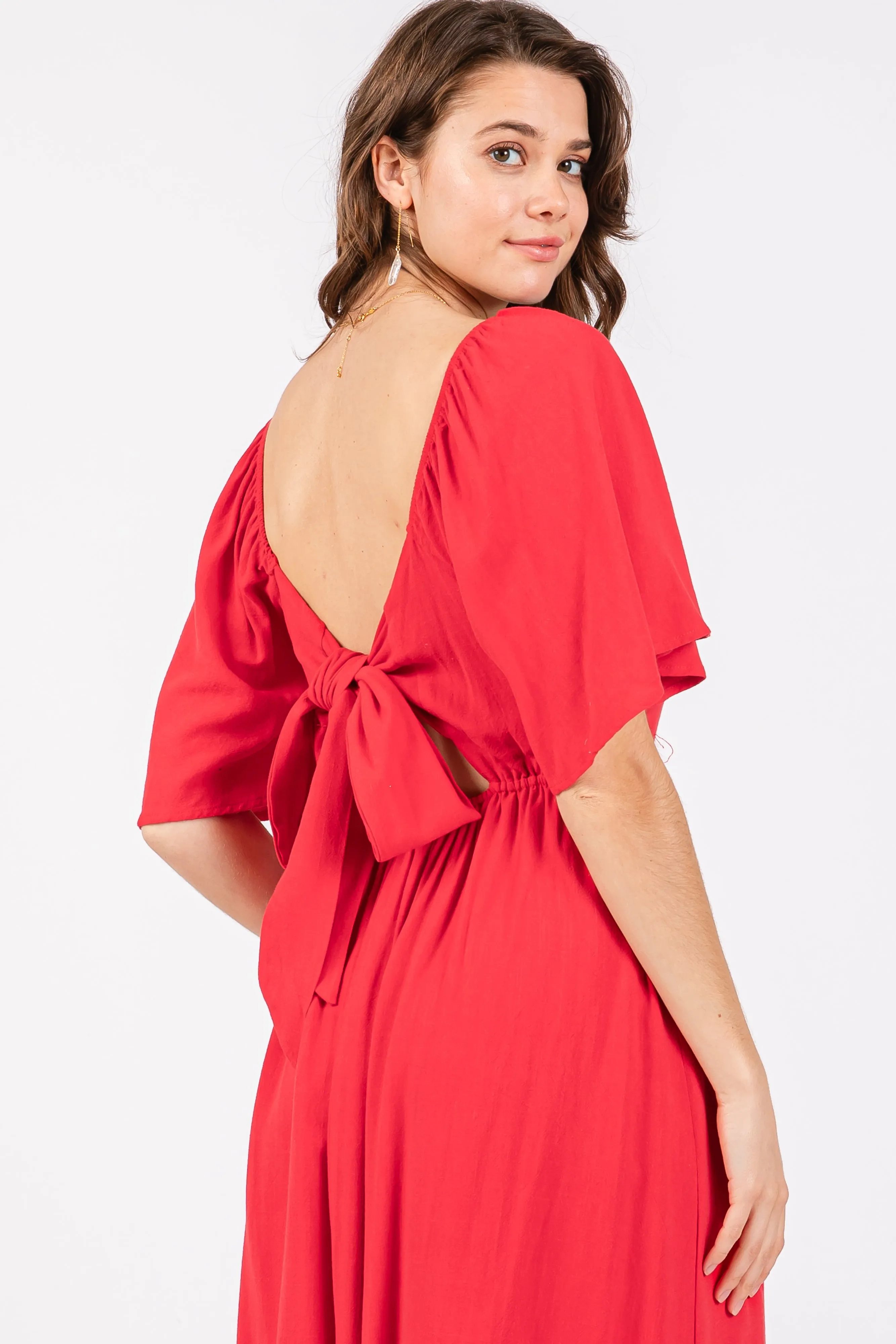 Red Flutter Short Sleeve Back Tie Cutout Midi Dress sold by Pinkblush product image thumbnail 4