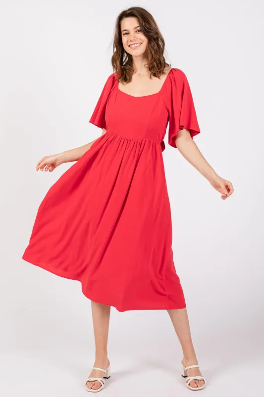 Red Flutter Short Sleeve Back Tie Cutout Midi Dress sold by Pinkblush