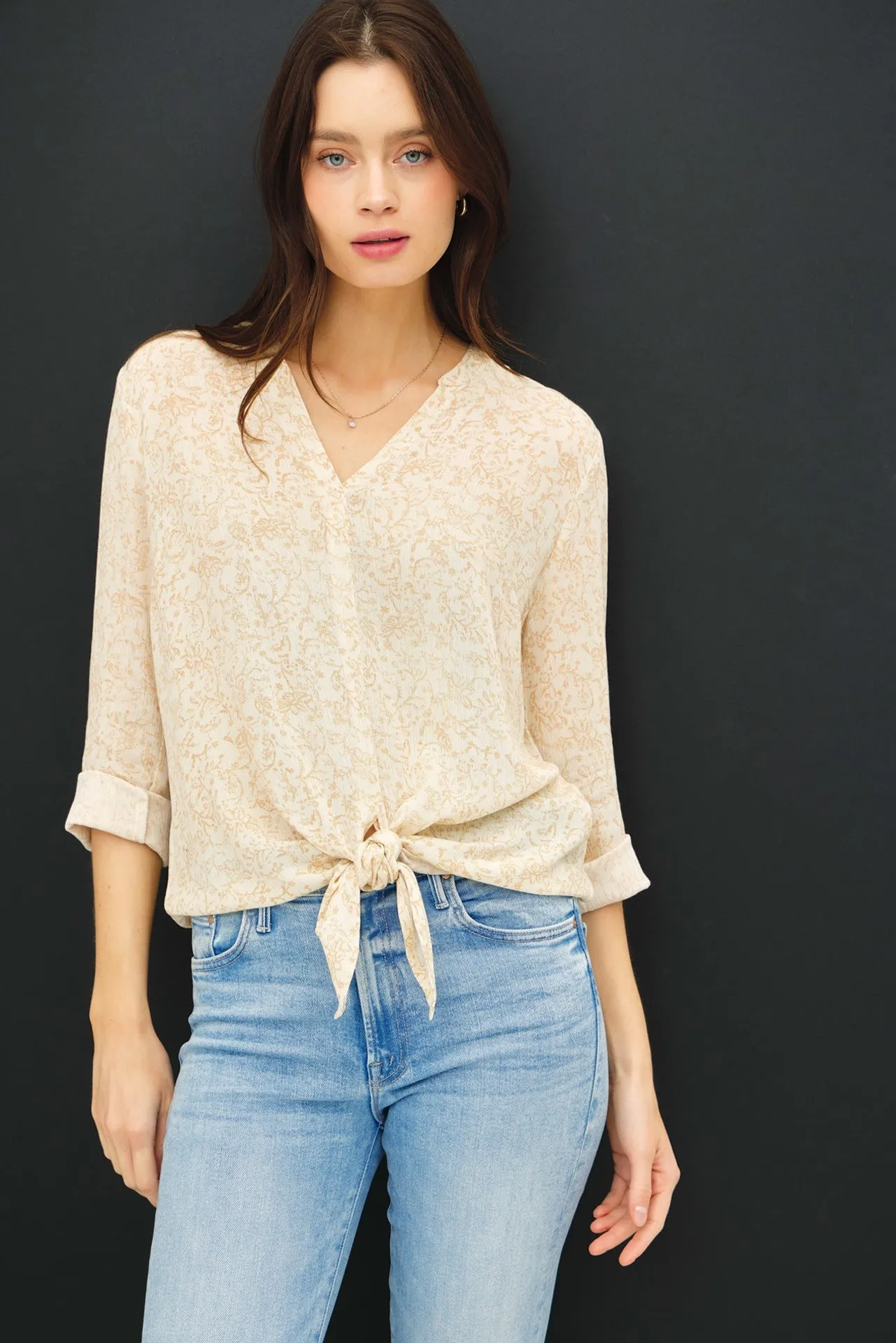 Beige Rose V-Neck Roll Tap Long Sleeve Tie Knot Shirt sold by Pinkblush