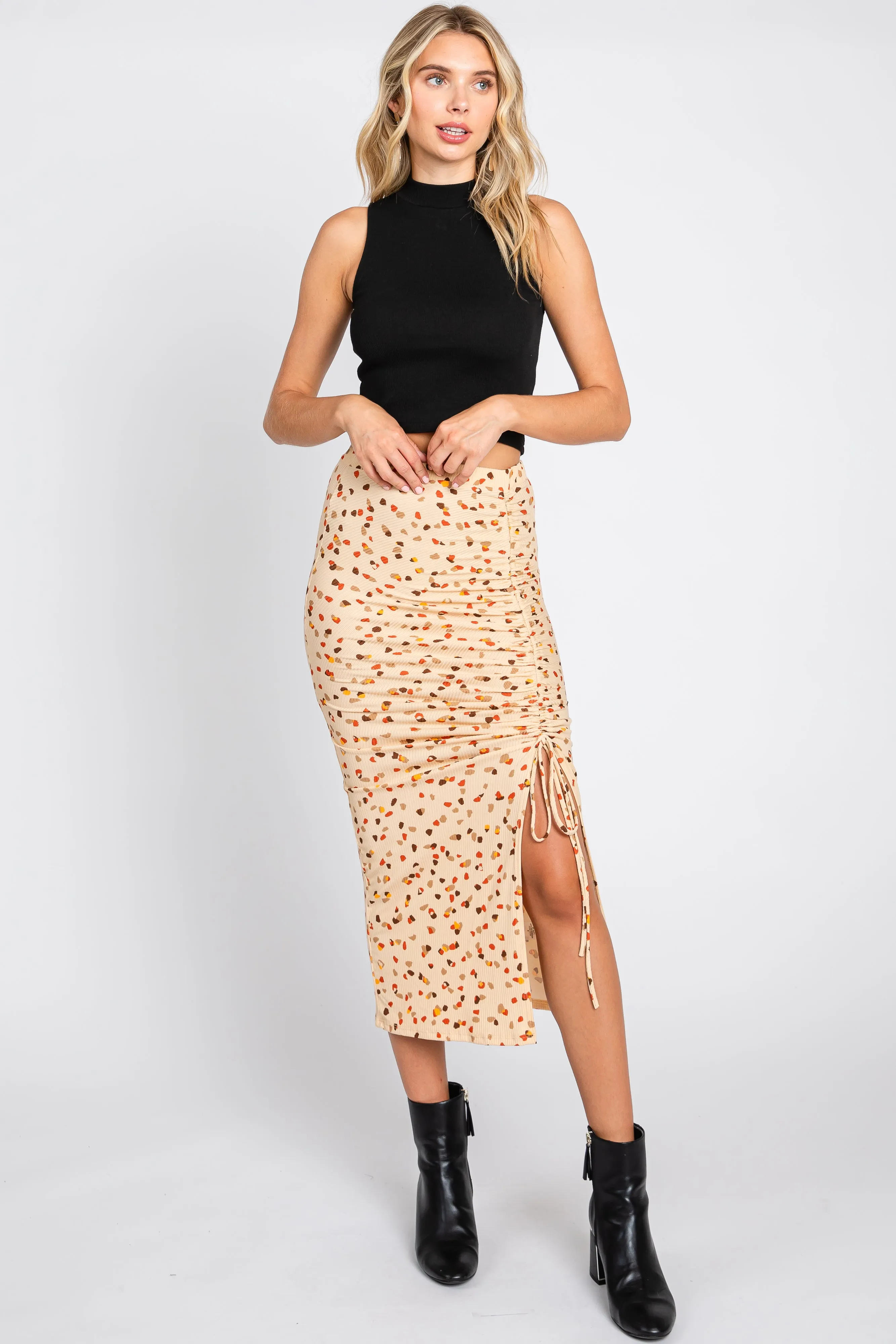 Beige Ribbed Side Slit Drawstring Midi Skirt sold by Pinkblush