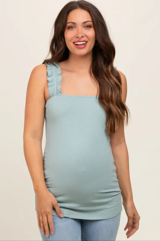 Mint Ribbed Ruffle Strap Sleeveless Maternity Top sold by Pinkblush