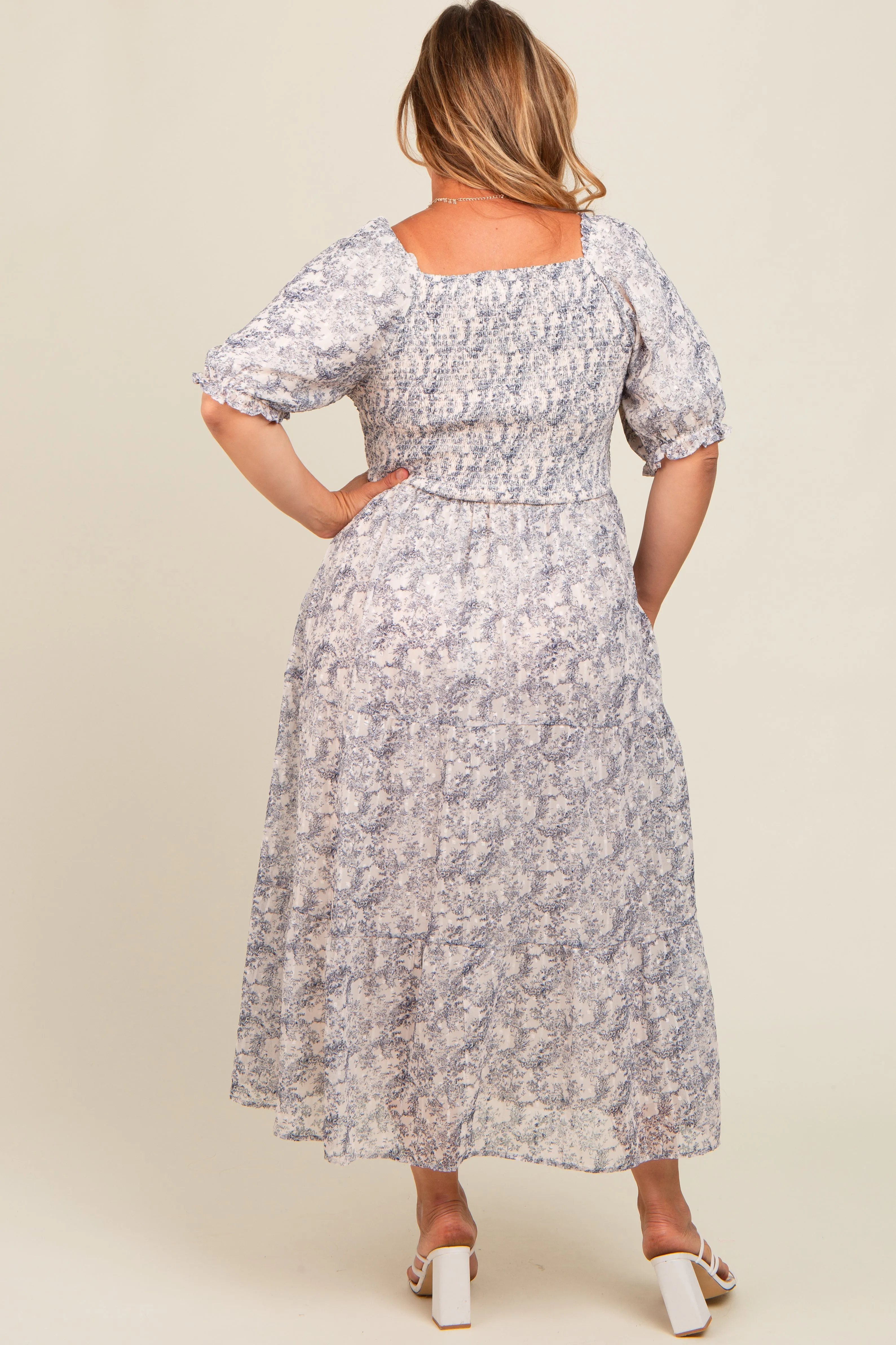 Navy Floral Embroidered Smocked Maternity Midi Dress sold by Pinkblush product image thumbnail 3