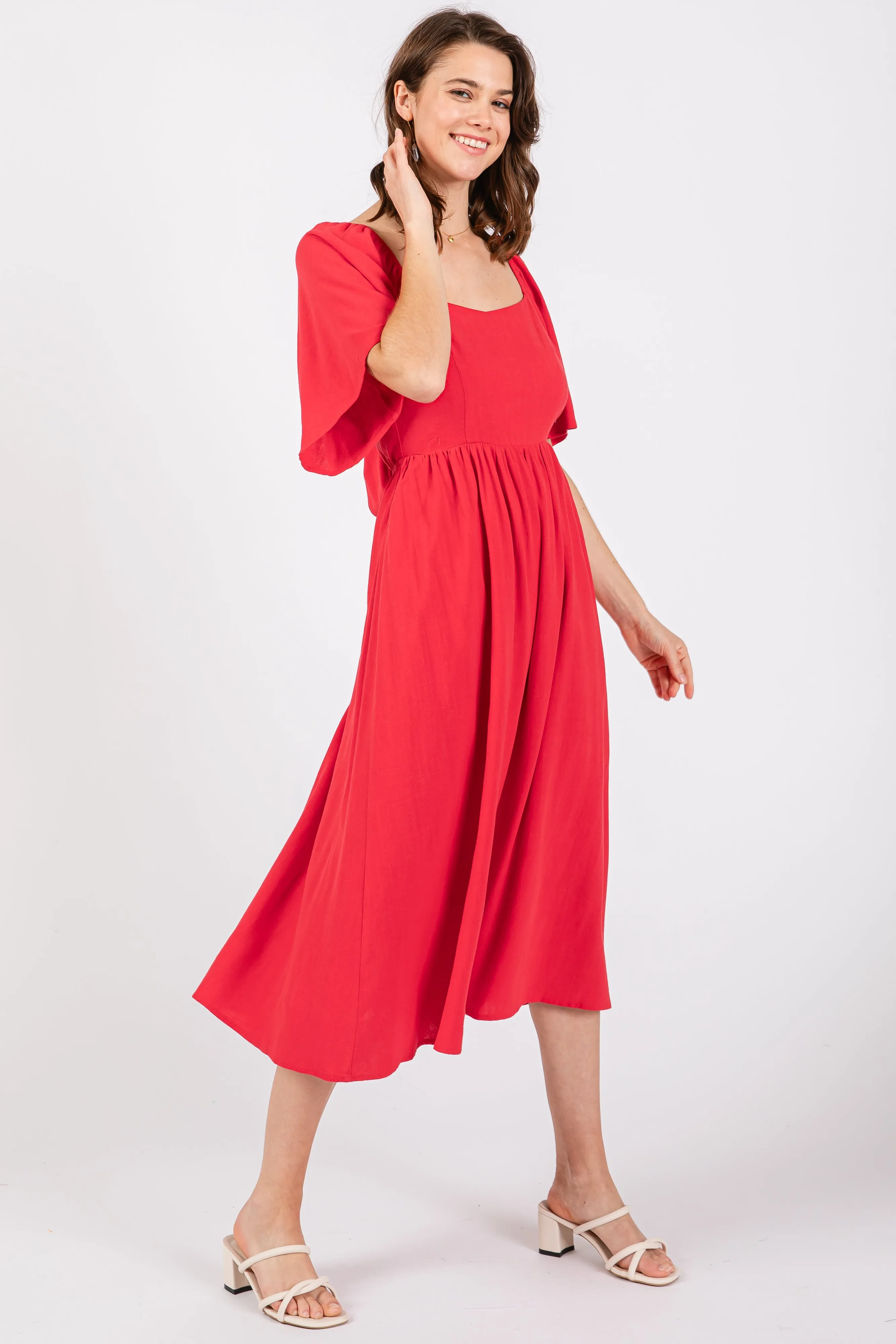 Red Flutter Short Sleeve Back Tie Cutout Midi Dress sold by Pinkblush product image thumbnail 2