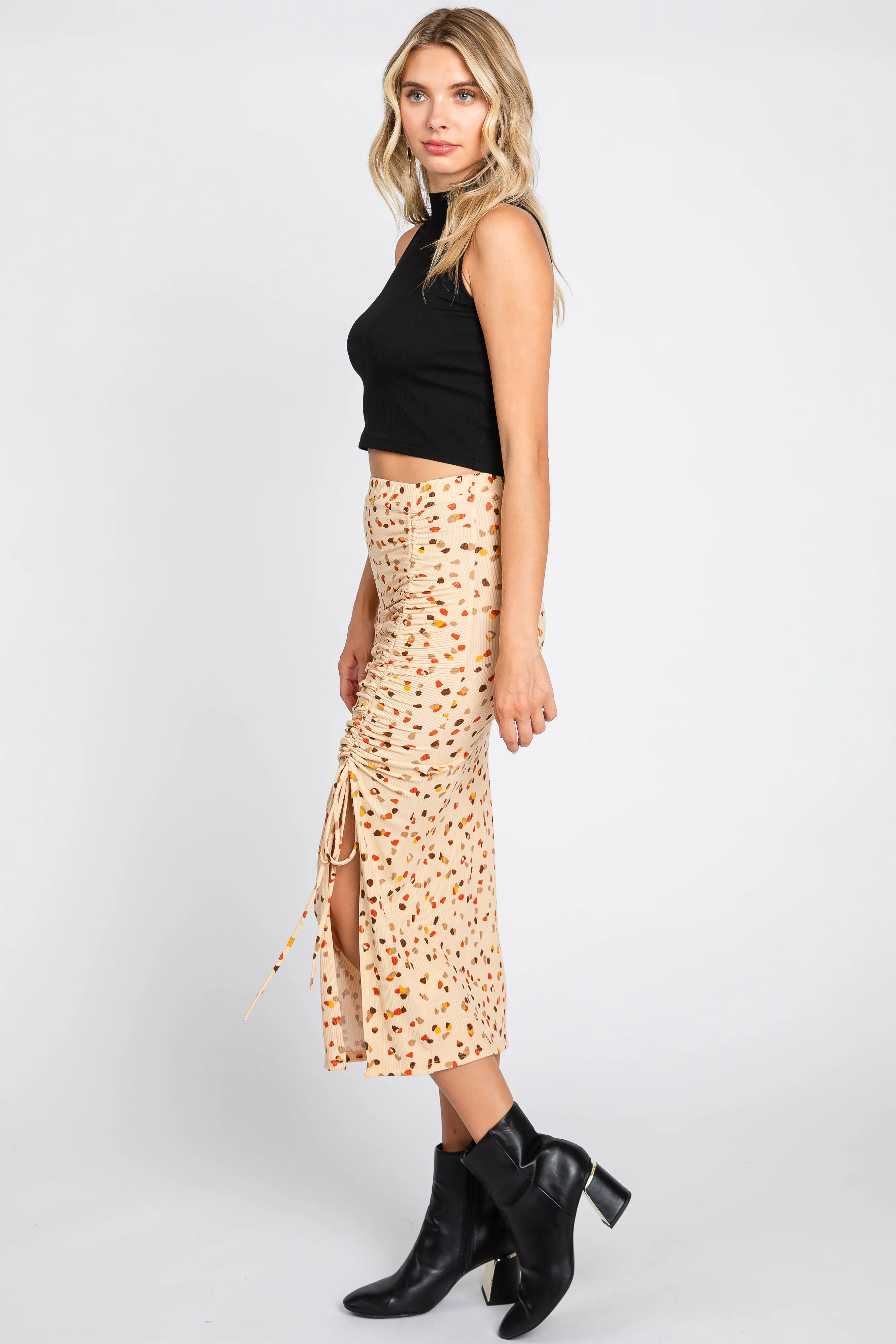 Beige Ribbed Side Slit Drawstring Midi Skirt sold by Pinkblush product image thumbnail 2