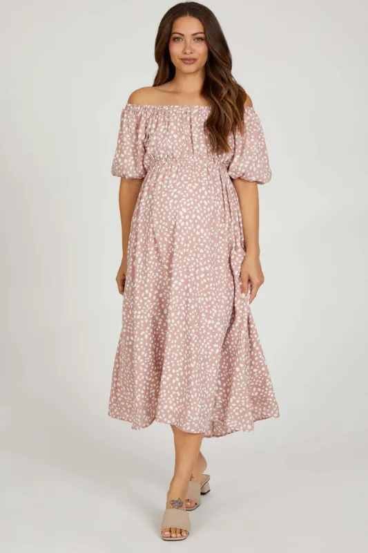 Mauve Printed Puff Short Sleeve Maternity Midi Dress sold by Pinkblush