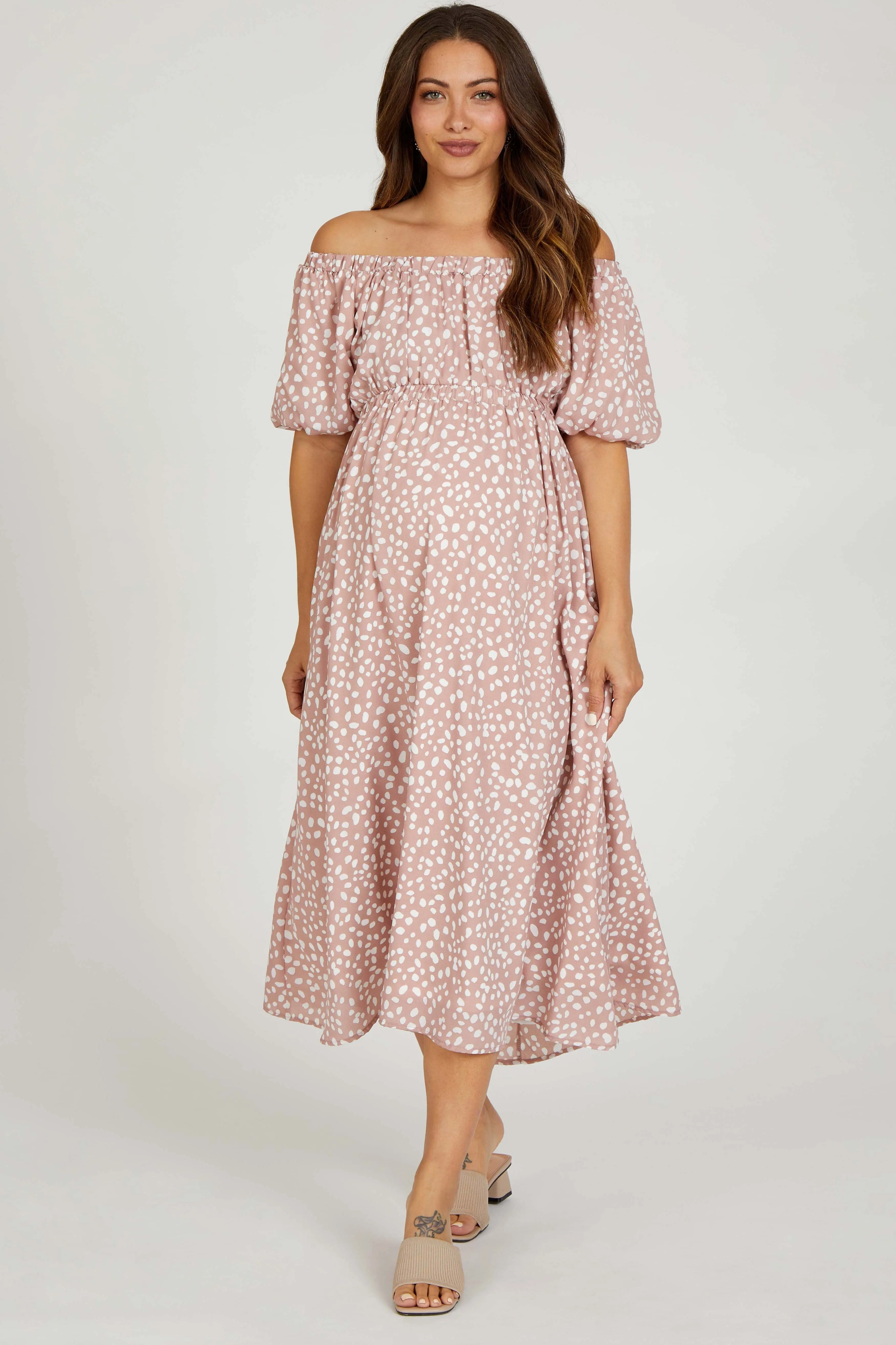 Mauve Printed Puff Short Sleeve Maternity Midi Dress sold by Pinkblush