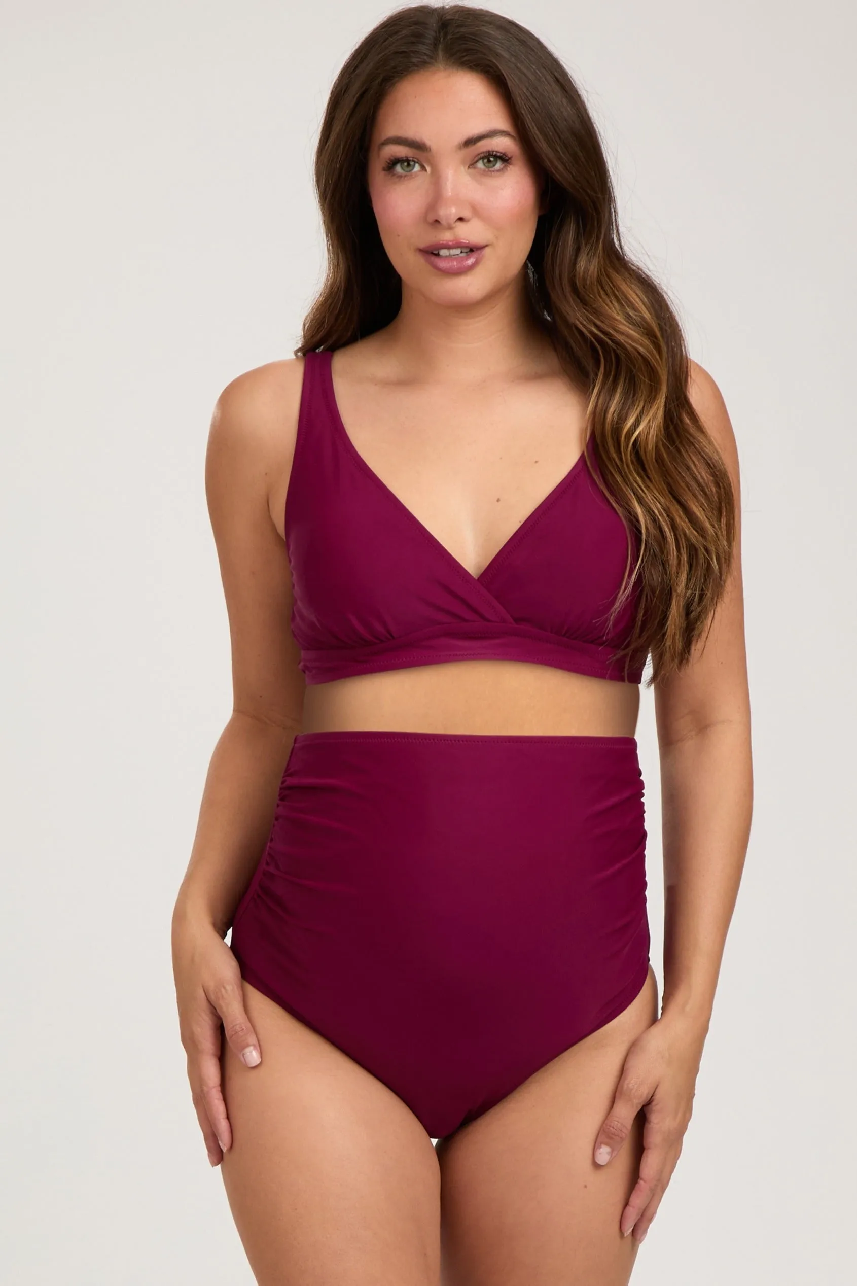Burgundy High Waist Maternity Bikini Set sold by Pinkblush