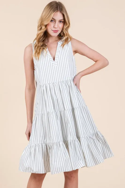 Off White Vertical Striped V Neck Sleeveless Midi Dress sold by Pinkblush