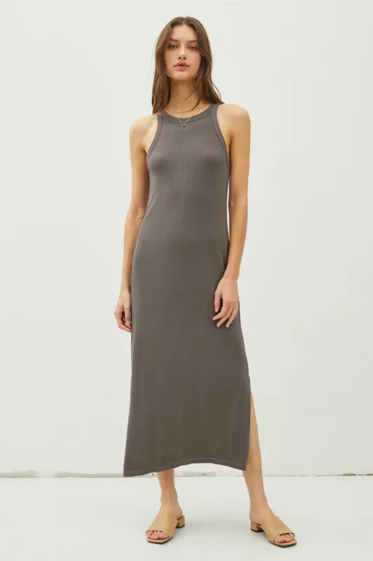 Charcoal Ribbed Knit Side Slit Sleeveless Dress sold by Pinkblush