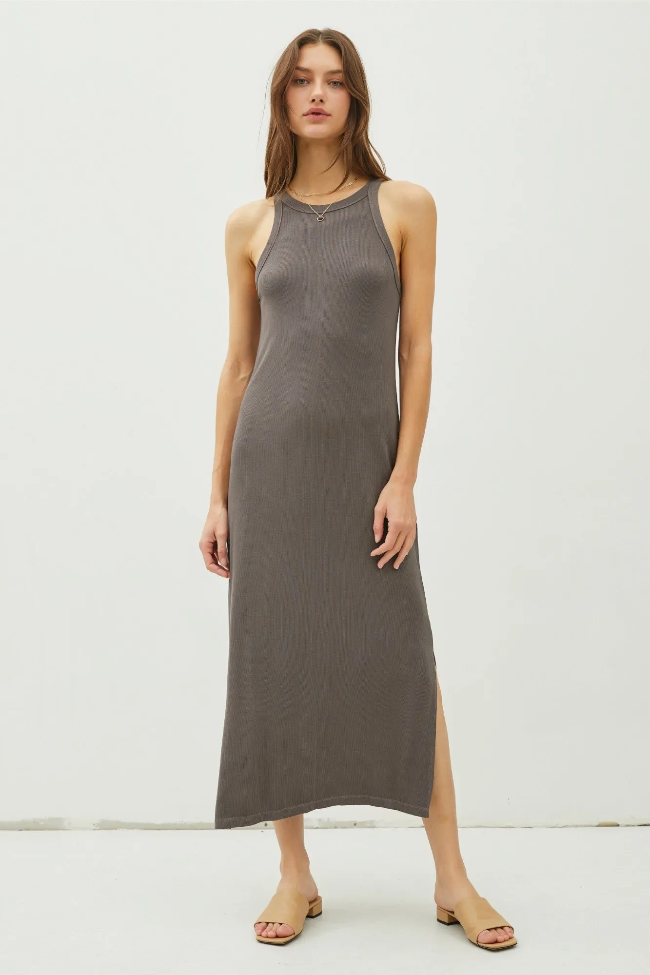 Charcoal Ribbed Knit Side Slit Sleeveless Dress sold by Pinkblush