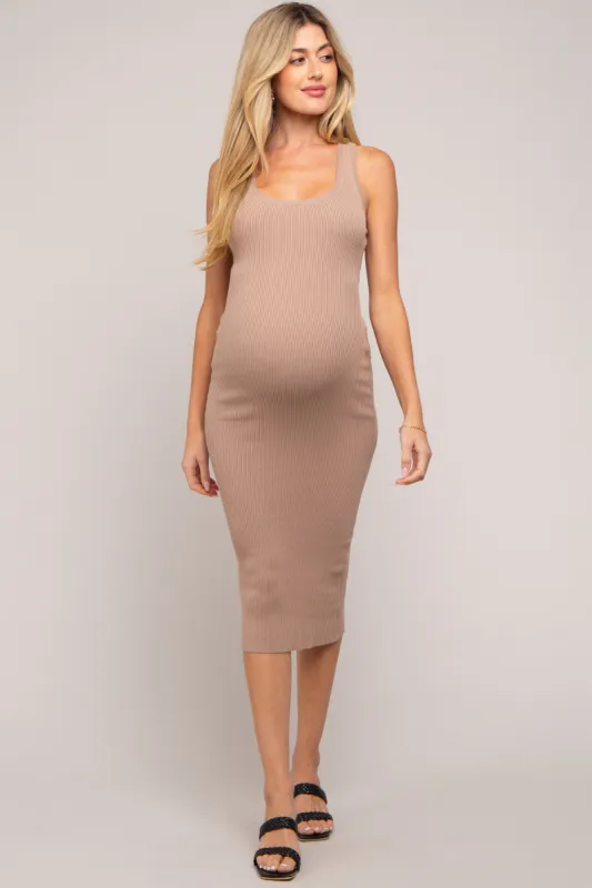 Mocha Fitted Knit Maternity Midi Dress sold by Pinkblush