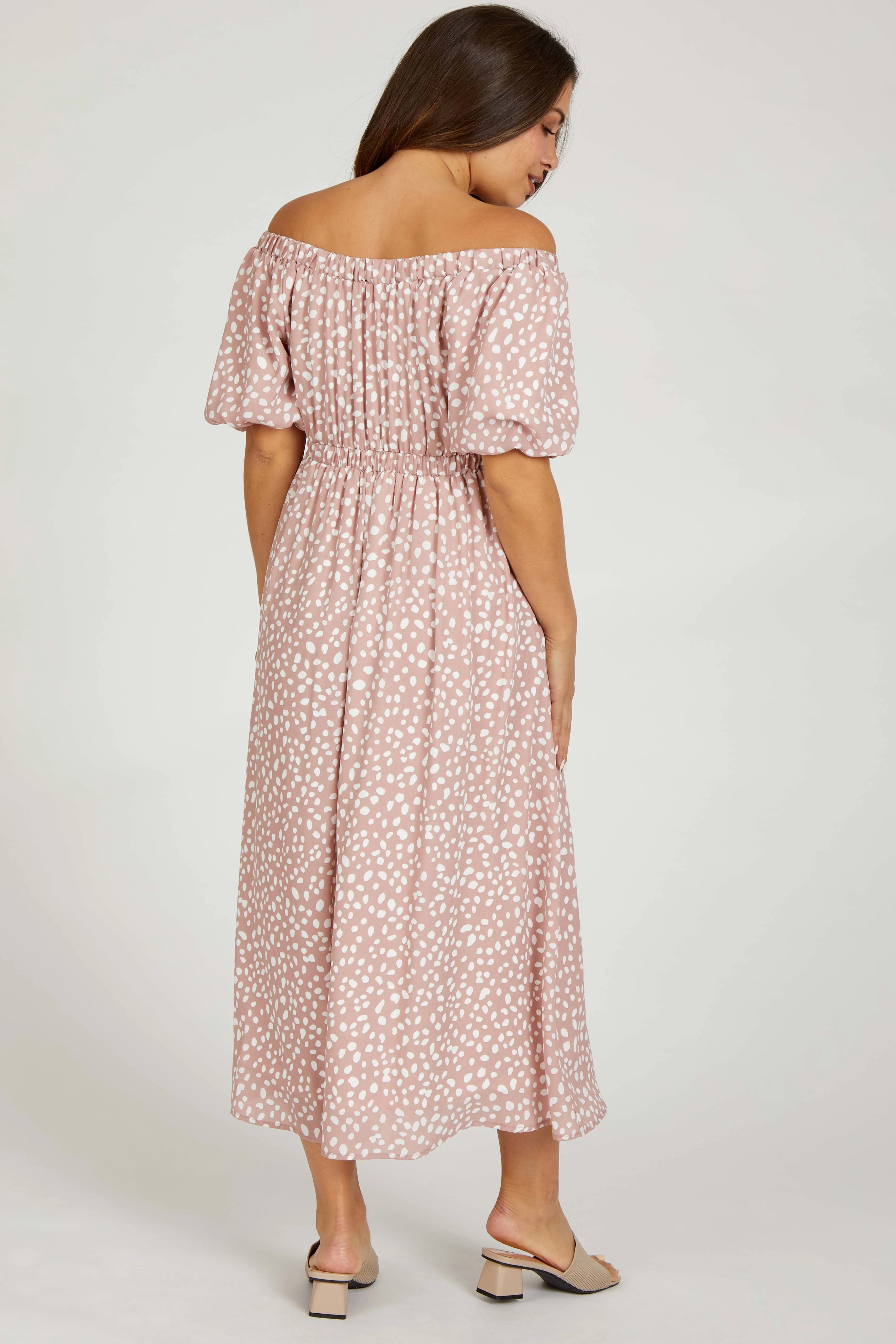 Mauve Printed Puff Short Sleeve Maternity Midi Dress sold by Pinkblush product image thumbnail 3