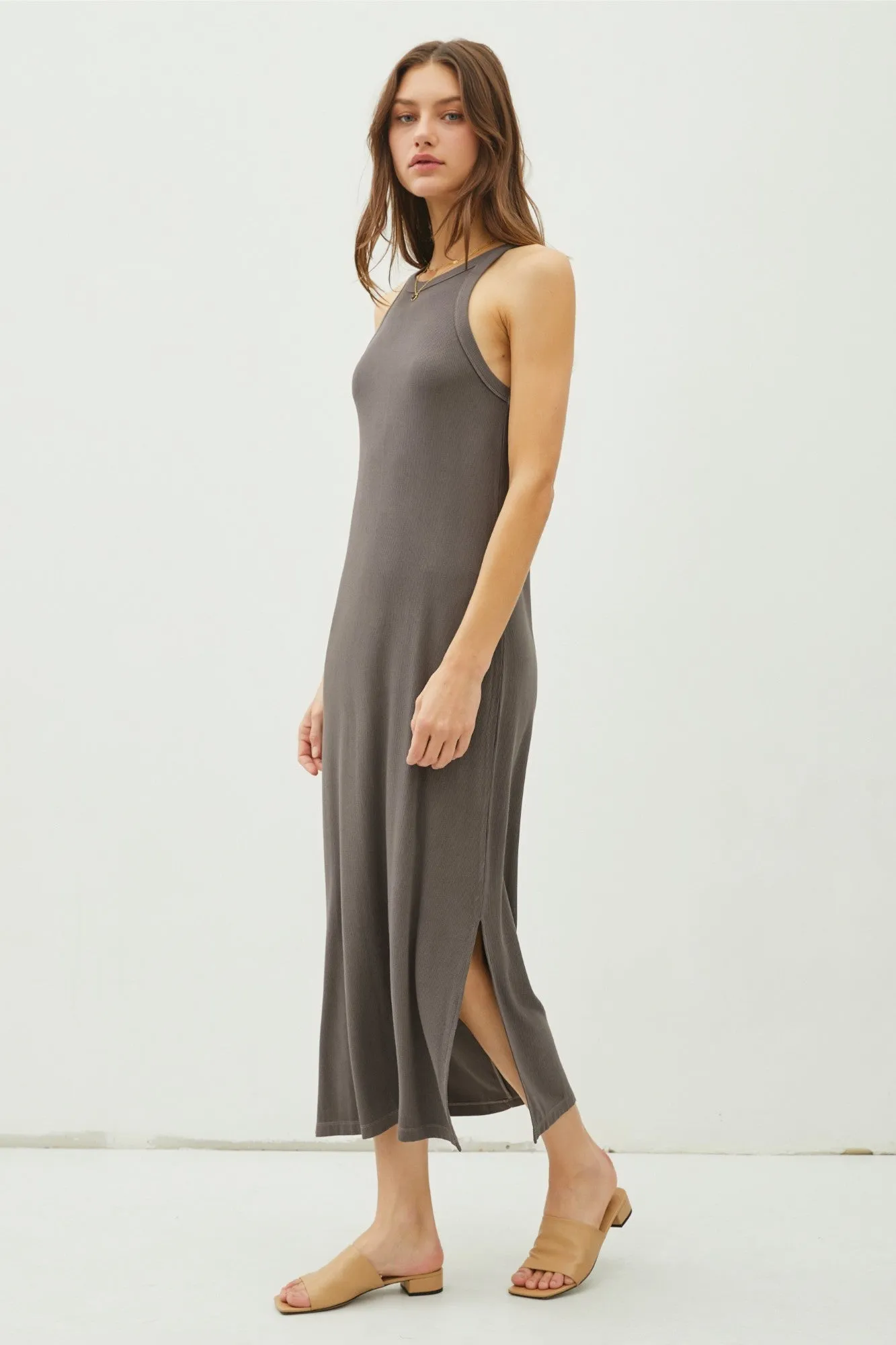 Charcoal Ribbed Knit Side Slit Sleeveless Dress sold by Pinkblush product image thumbnail 2