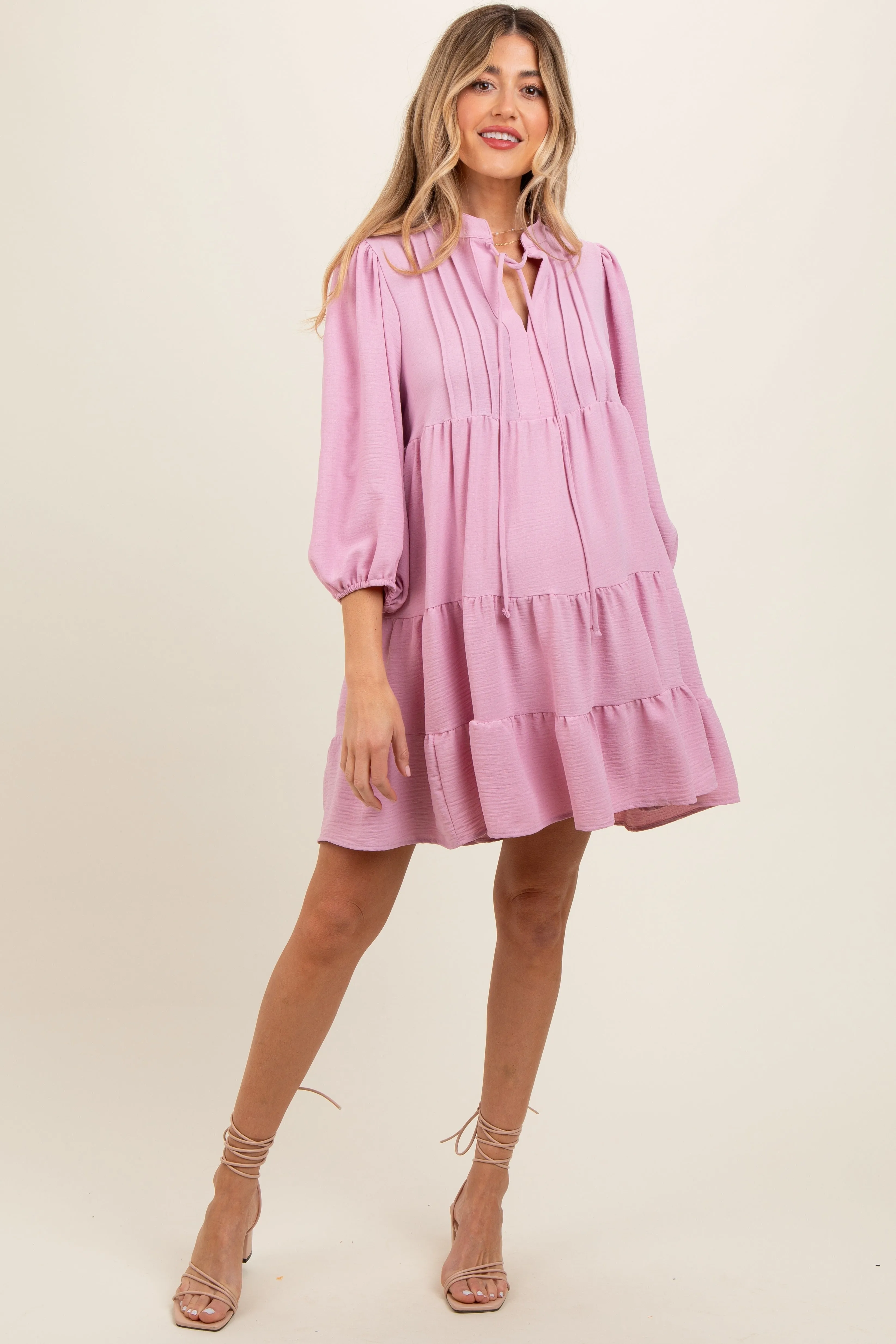 Pink Pleated Front Tie Tiered Maternity Dress sold by Pinkblush