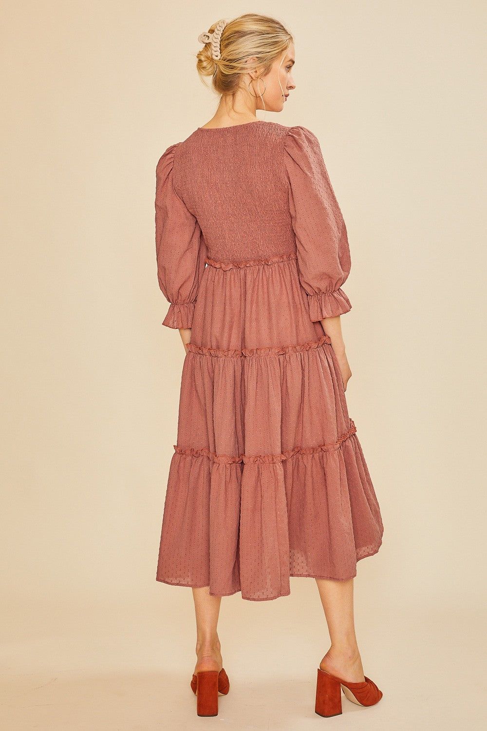 Rust Textured Smocking Bodice Tired Midi Dress sold by Pinkblush product image thumbnail 2