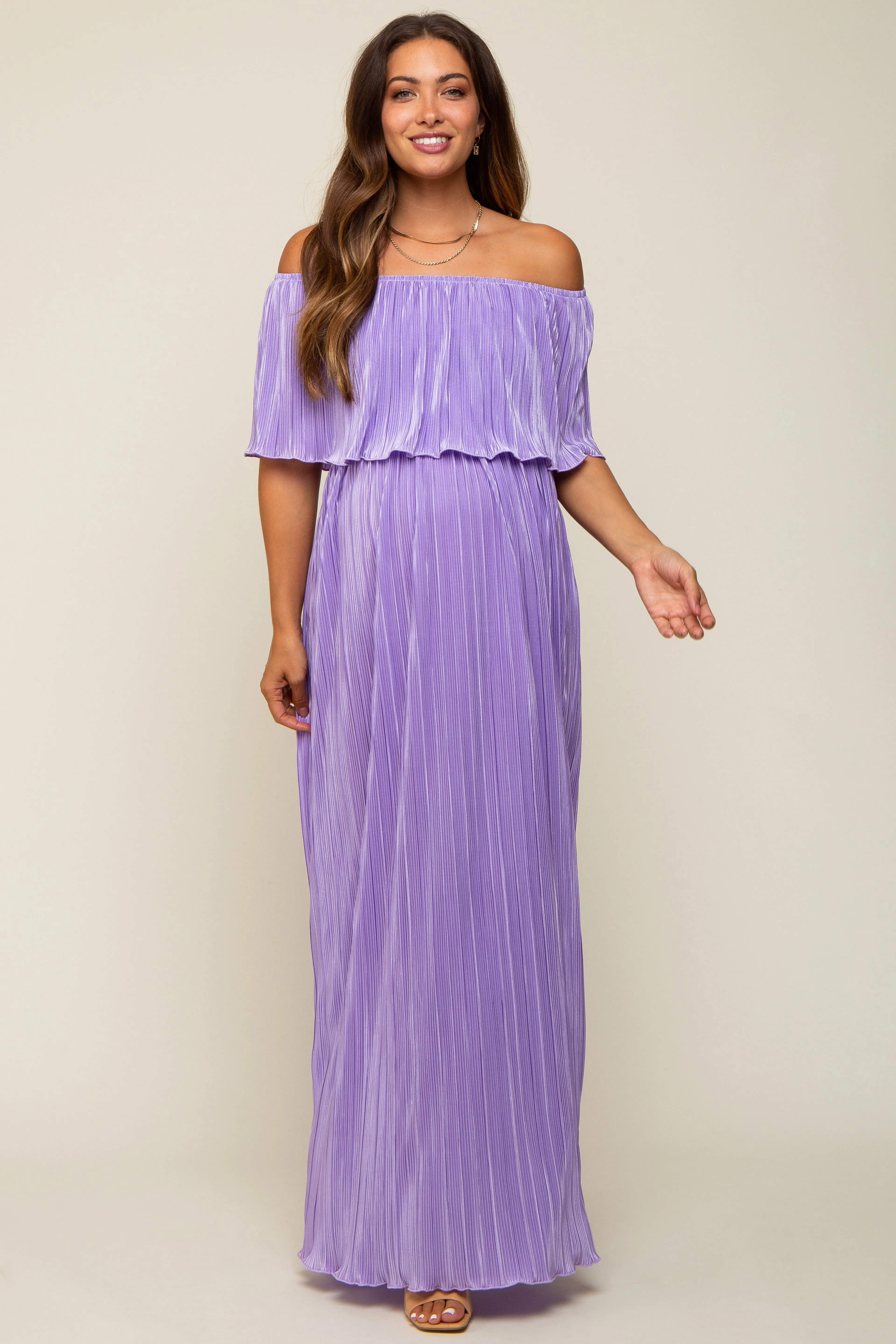 Lavender Pleated Plisse Ruffle Off-Shoulder Maternity Maxi Dress sold by Pinkblush product image thumbnail 4