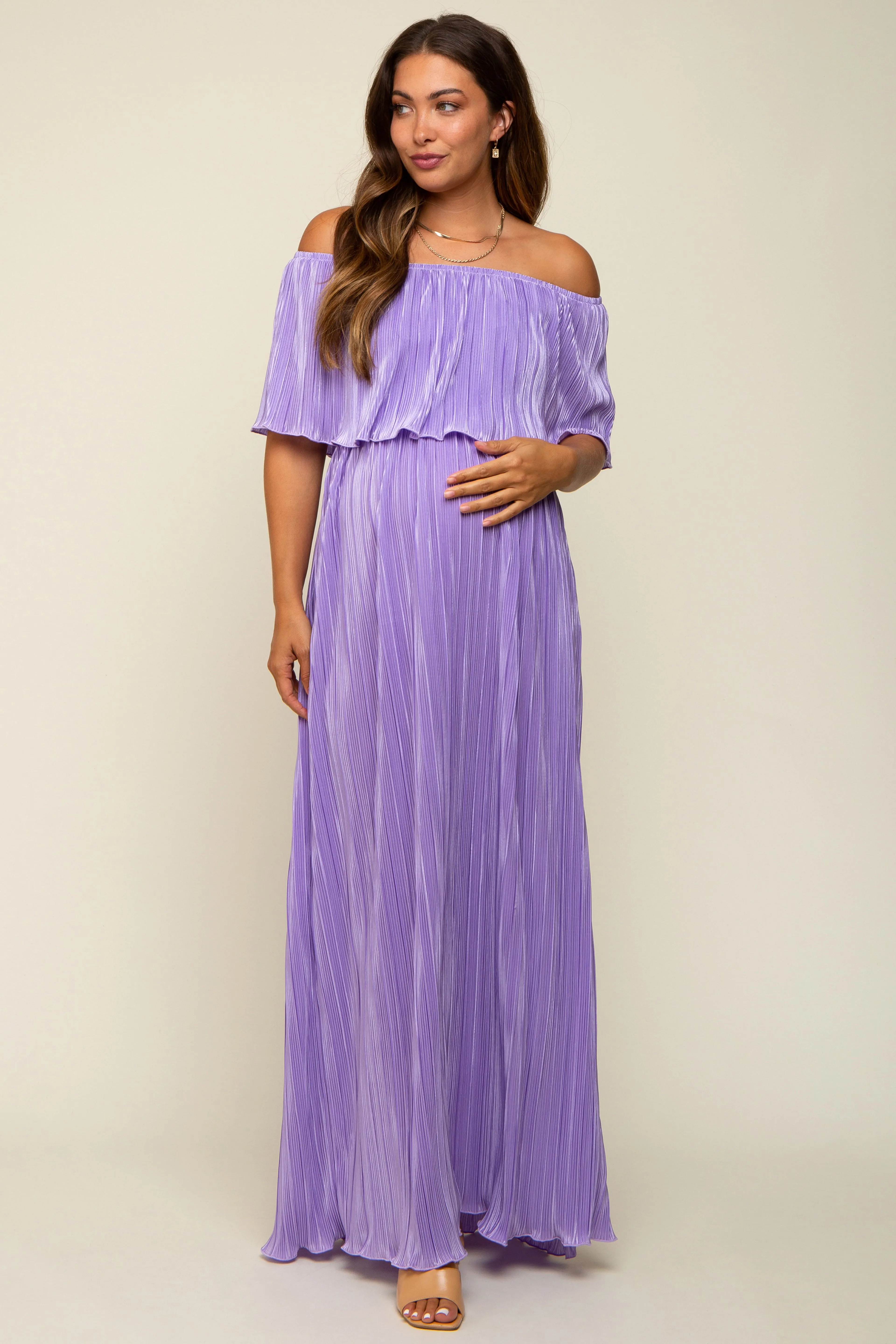 Lavender Pleated Plisse Ruffle Off-Shoulder Maternity Maxi Dress sold by Pinkblush