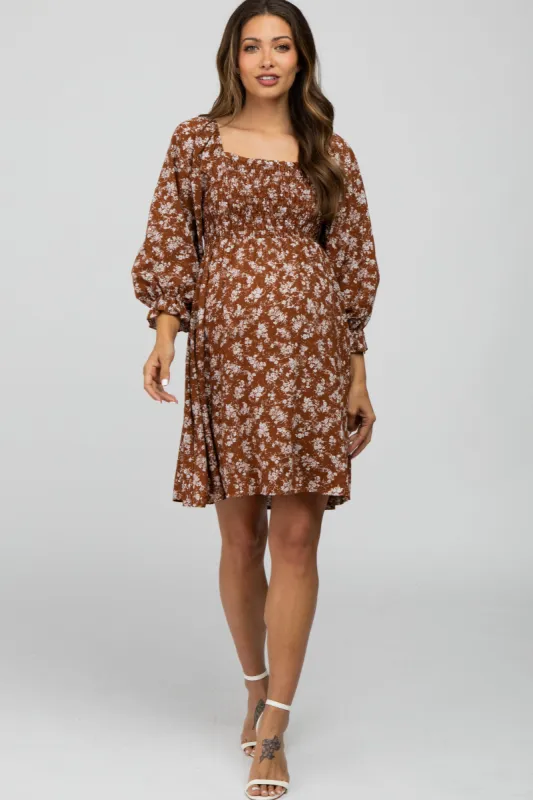 Brown Floral Smocked Smocked Maternity Dress sold by Pinkblush