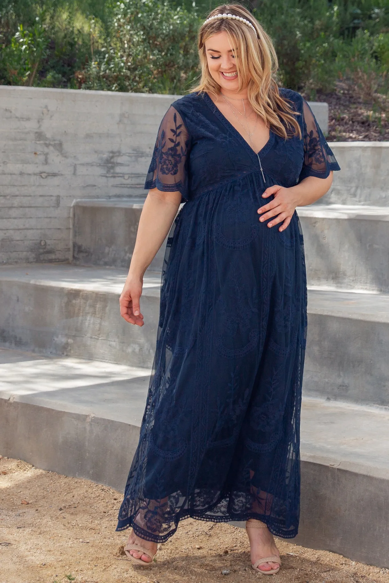 PinkBlush Navy Lace Mesh Overlay Plus Maternity Maxi Dress sold by Pinkblush product image thumbnail 2