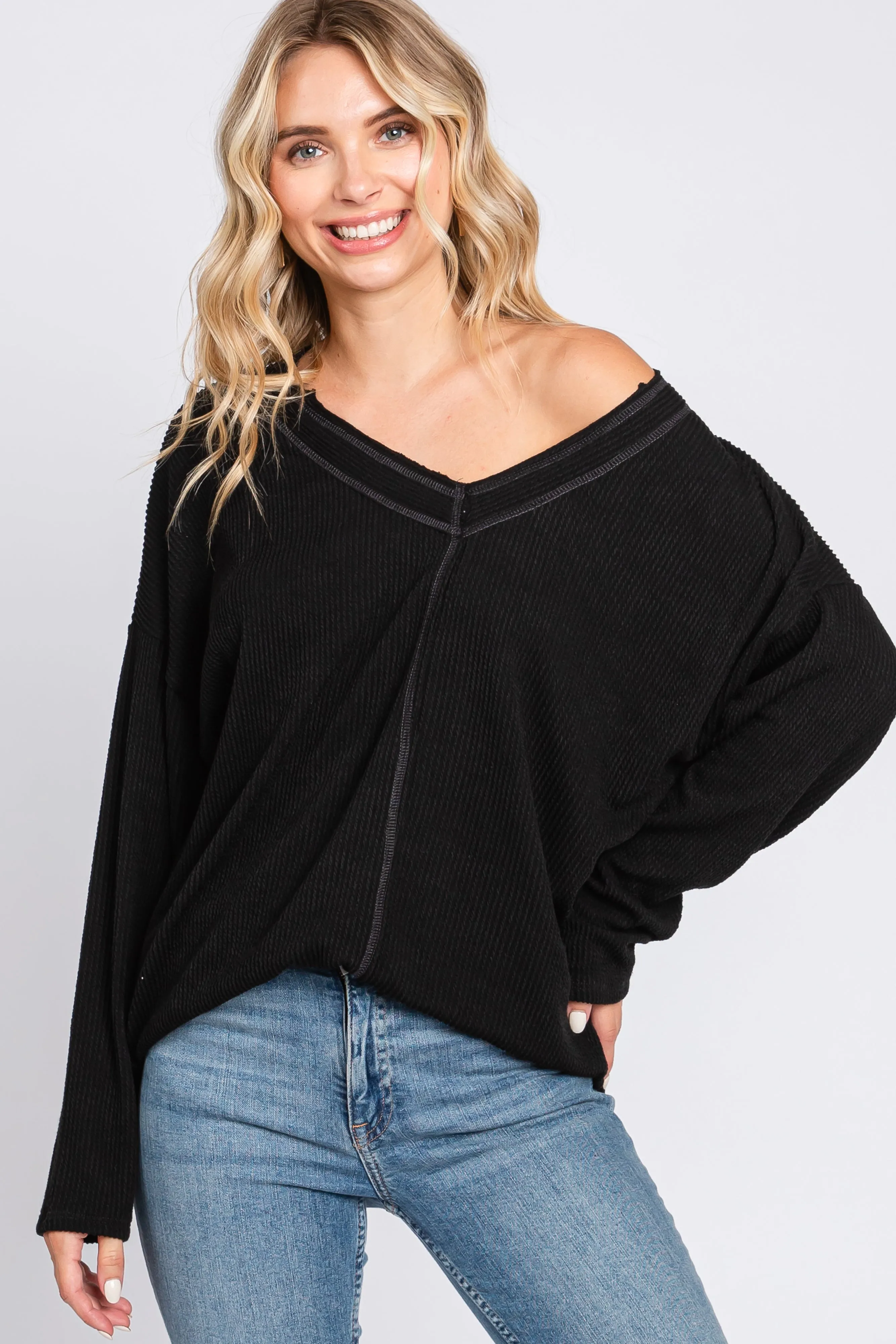 Black Ribbed V-Neck Long Sleeve Top sold by Pinkblush