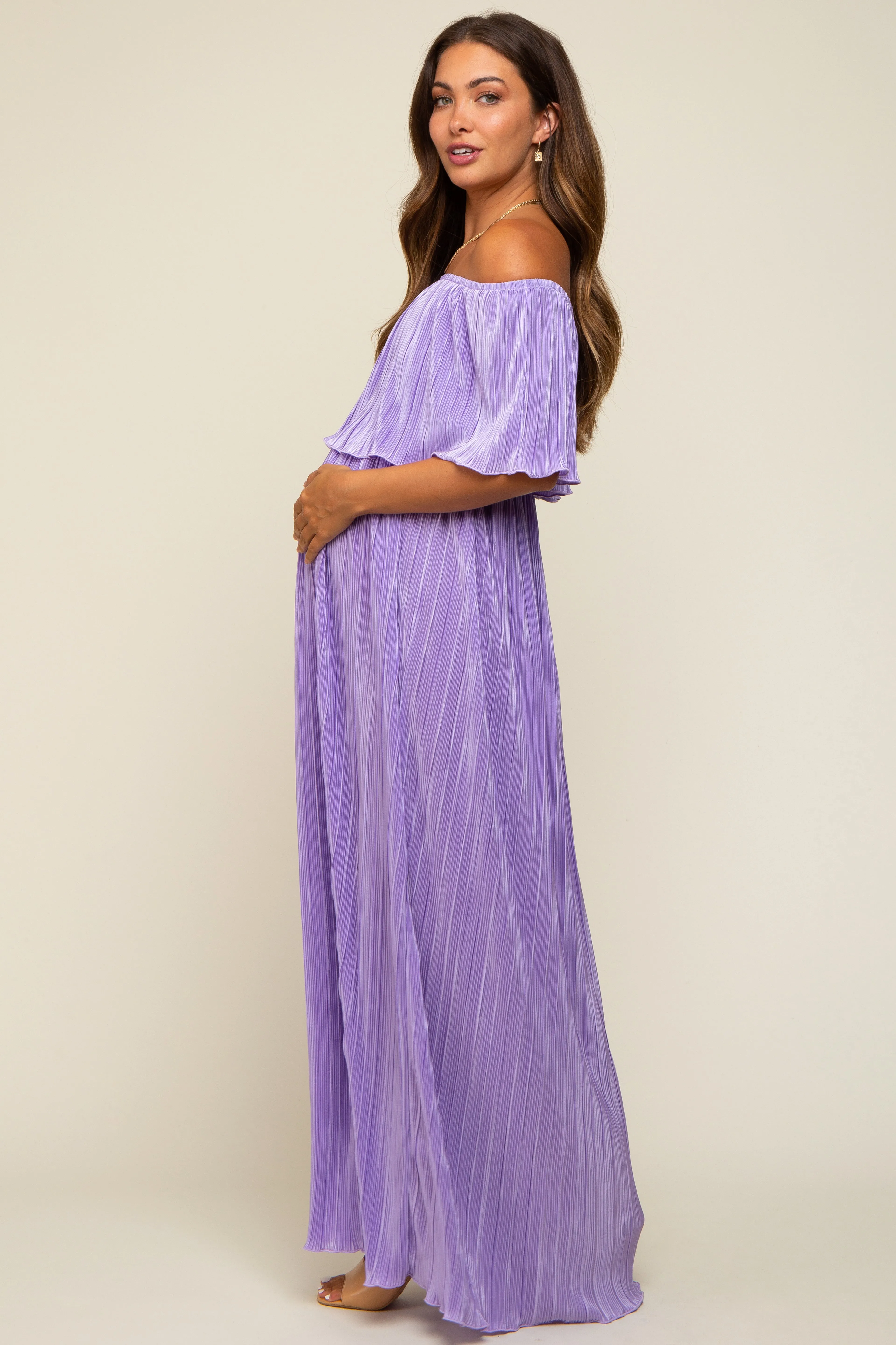 Lavender Pleated Plisse Ruffle Off-Shoulder Maternity Maxi Dress sold by Pinkblush product image thumbnail 2