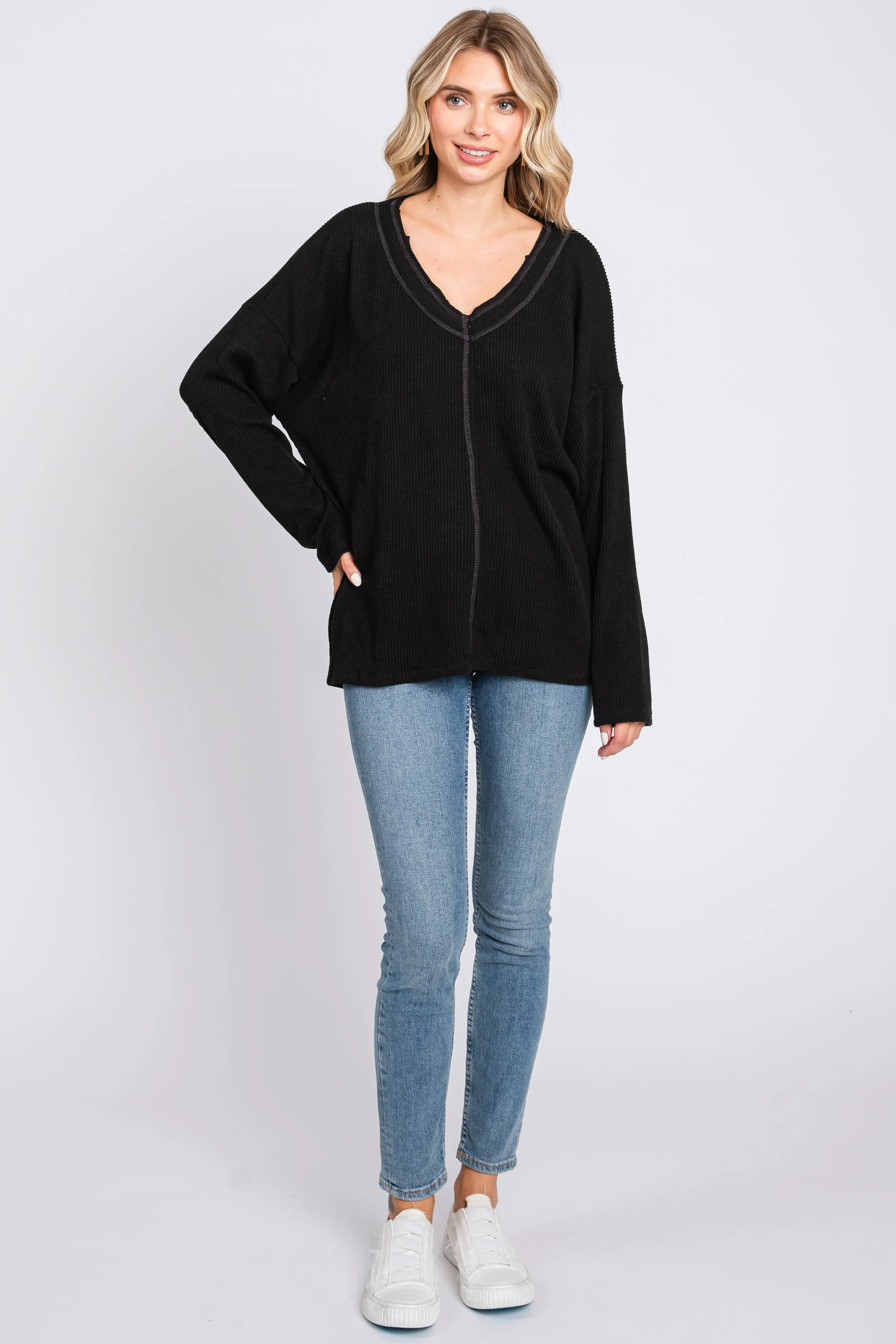 Black Ribbed V-Neck Long Sleeve Top sold by Pinkblush product image thumbnail 5