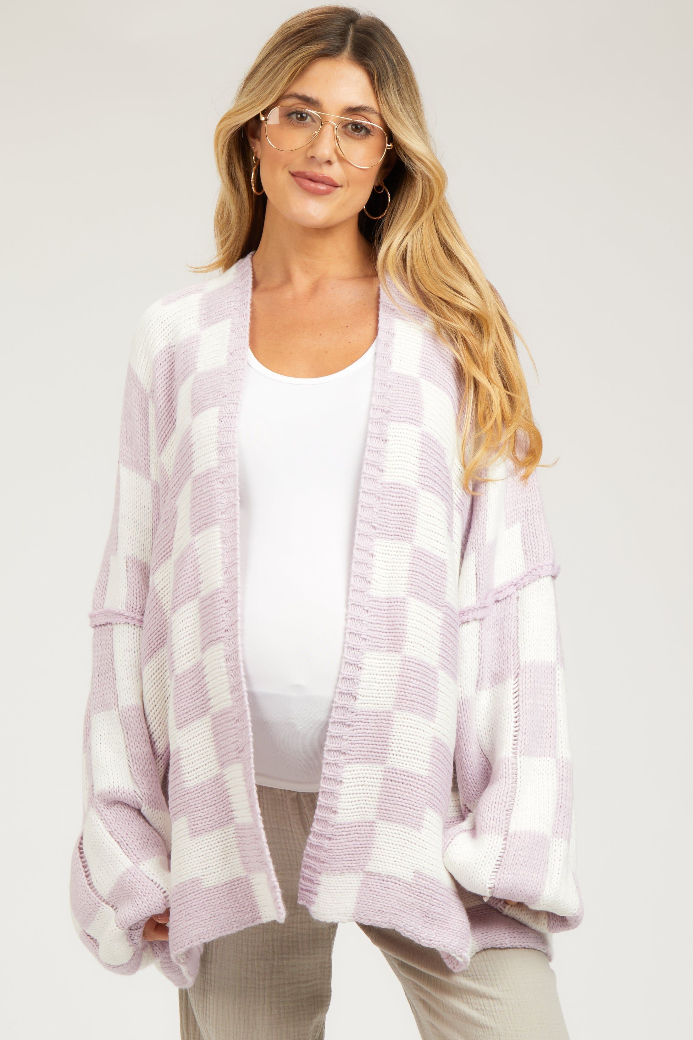 Lavender Checkered Oversized Maternity Cardigan sold by Pinkblush