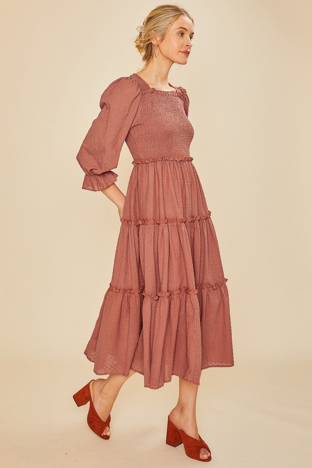Rust Textured Smocking Bodice Tired Midi Dress sold by Pinkblush