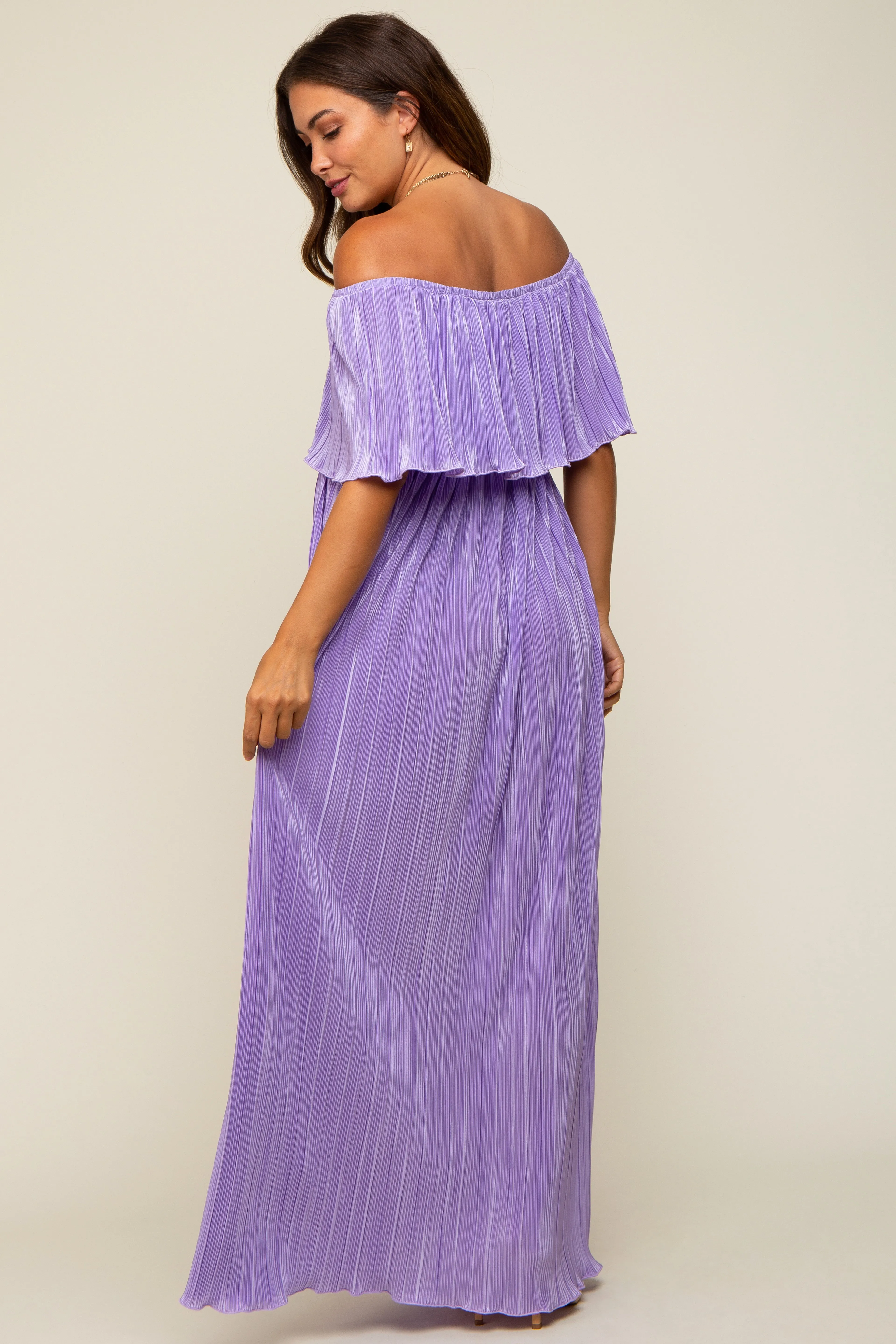 Lavender Pleated Plisse Ruffle Off-Shoulder Maternity Maxi Dress sold by Pinkblush product image thumbnail 3