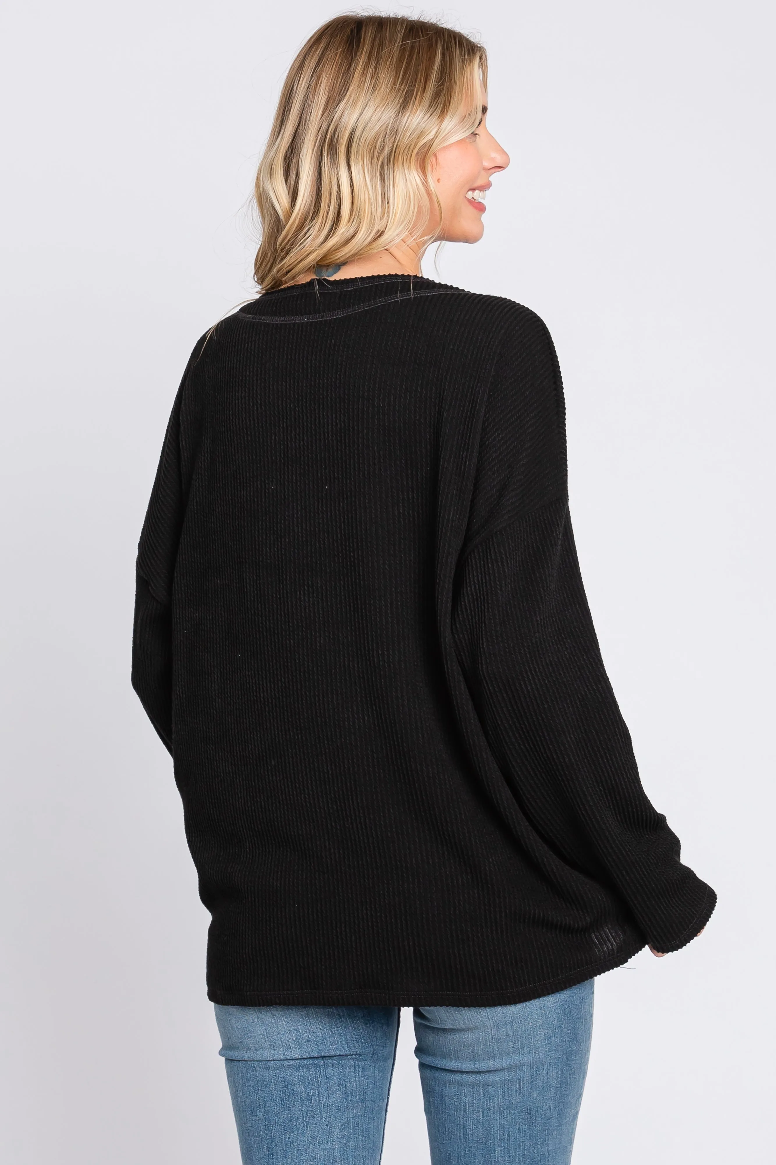 Black Ribbed V-Neck Long Sleeve Top sold by Pinkblush product image thumbnail 3