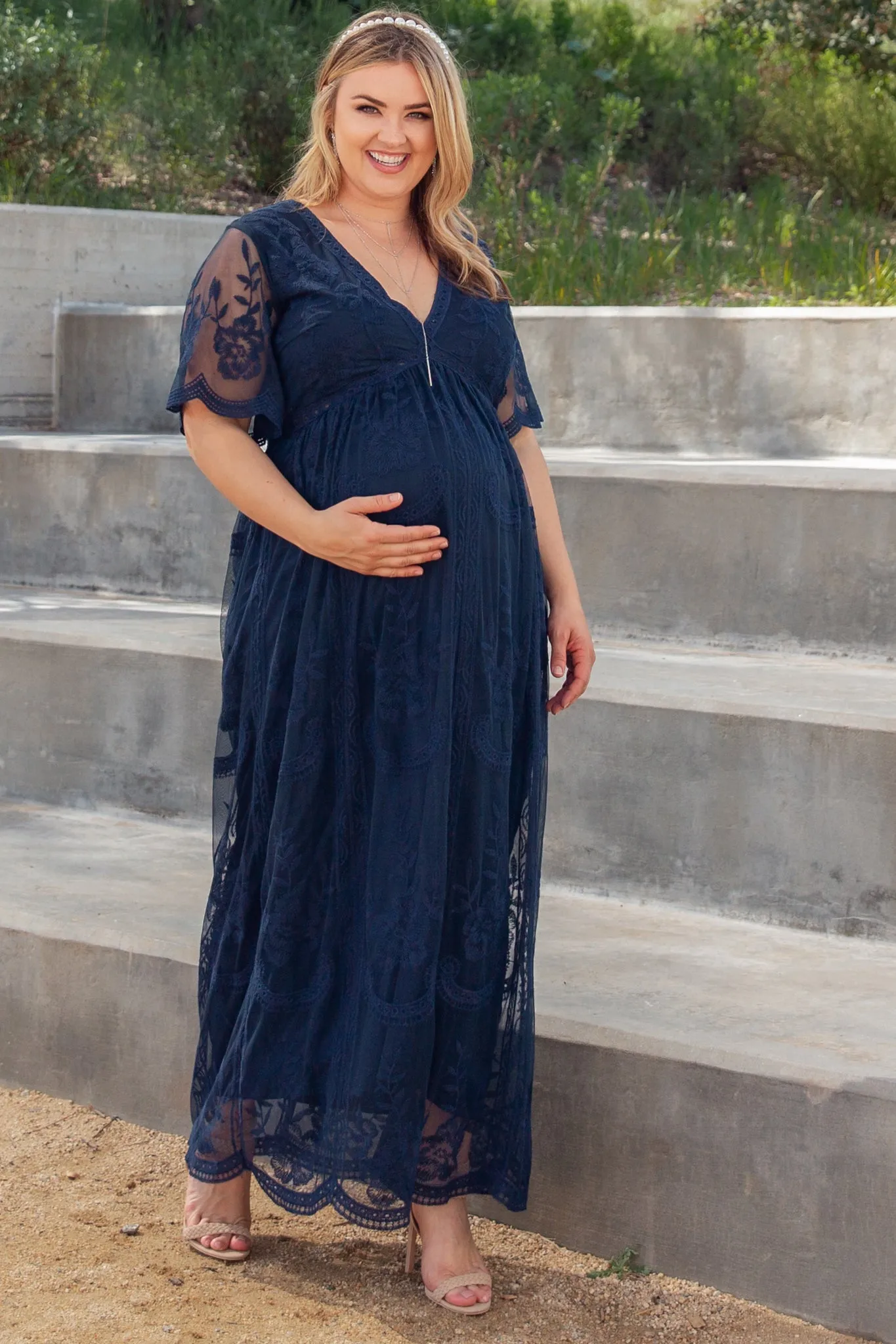 PinkBlush Navy Lace Mesh Overlay Plus Maternity Maxi Dress sold by Pinkblush