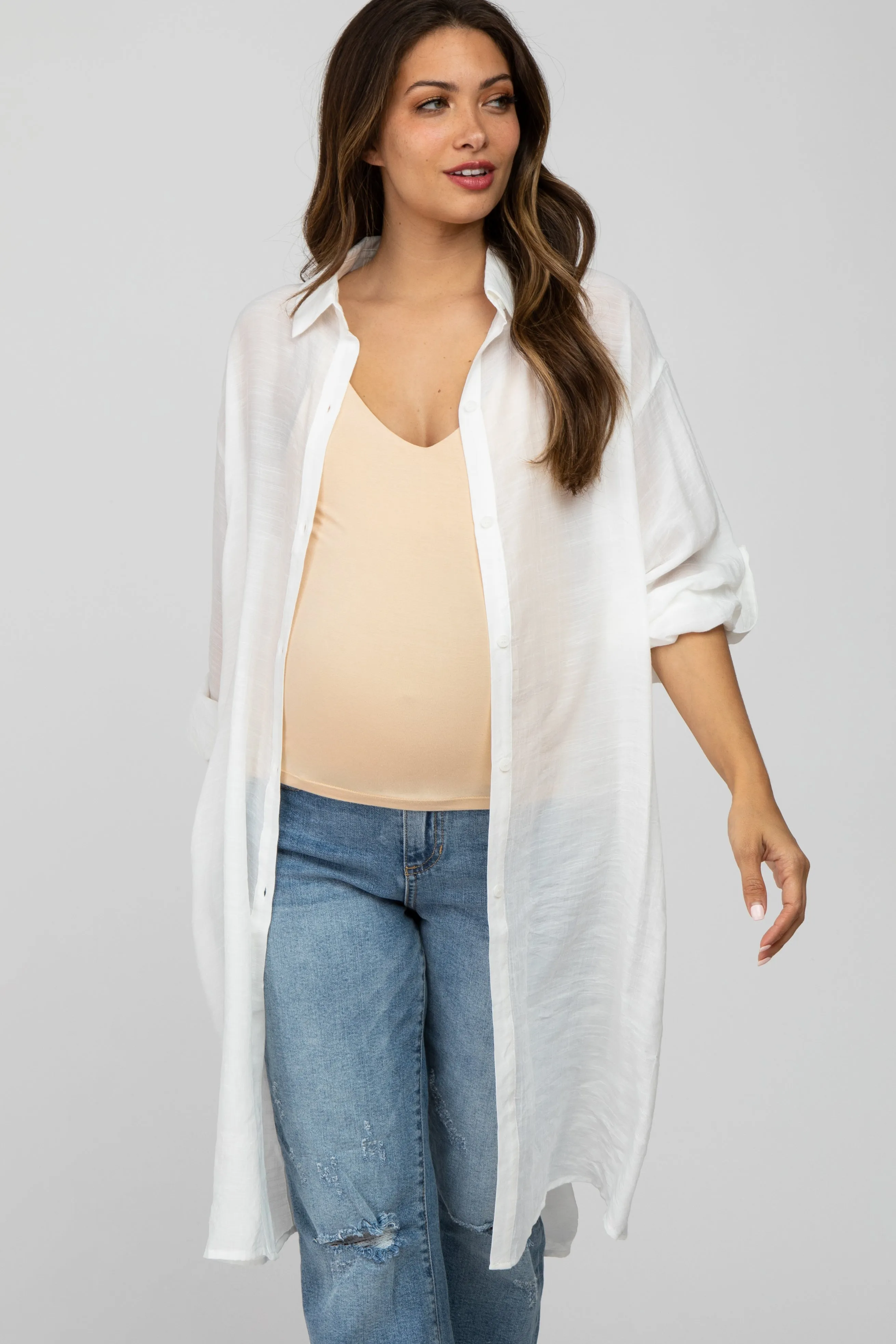 Ivory Button Front Side Slit Oversized Maternity Blouse sold by Pinkblush product image thumbnail 2