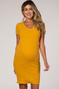 Mustard Ribbed Maternity Dress sold by Pinkblush