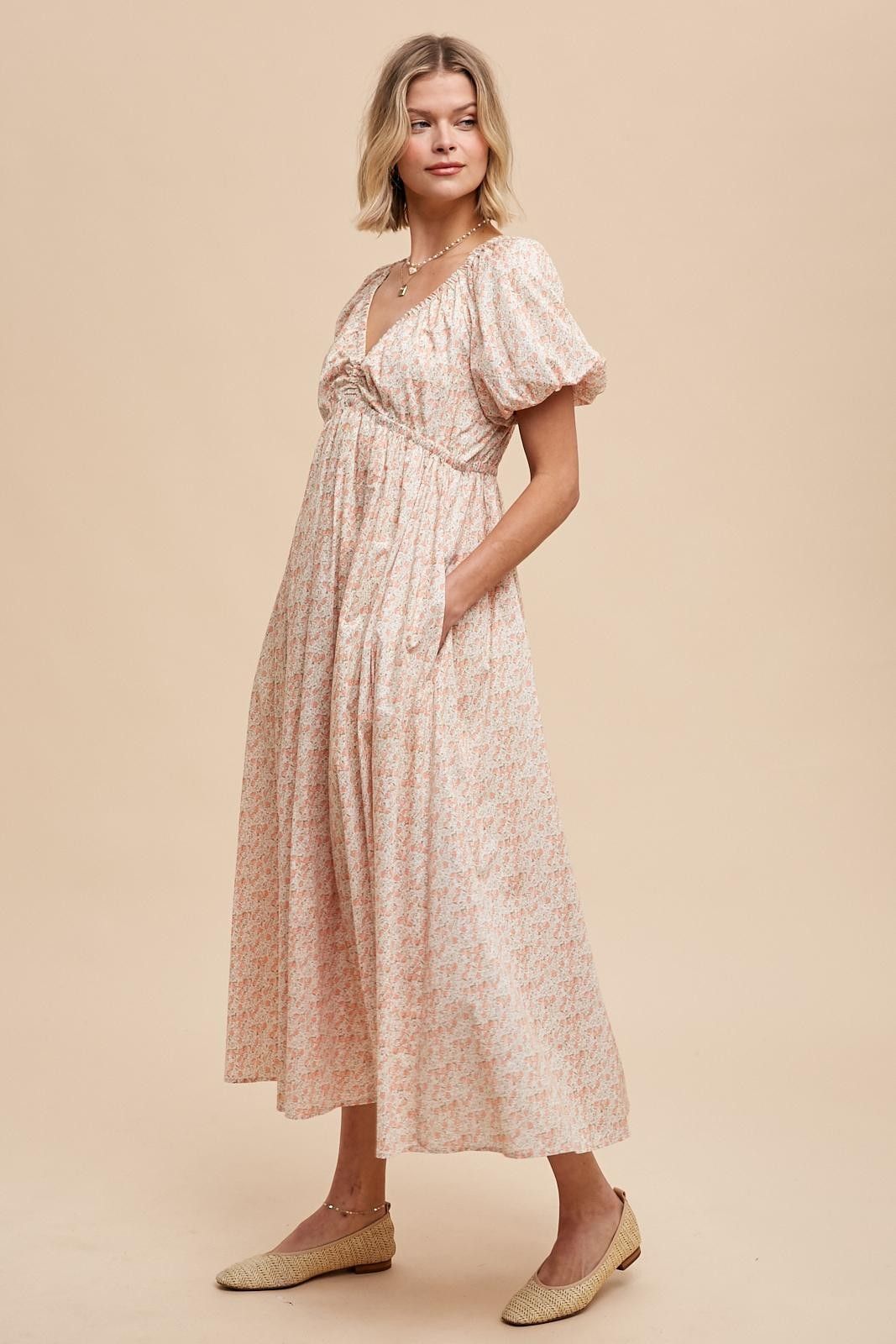 Peach Strawberry Floral Puff Sleeve Midi Dress sold by Pinkblush product image thumbnail 3