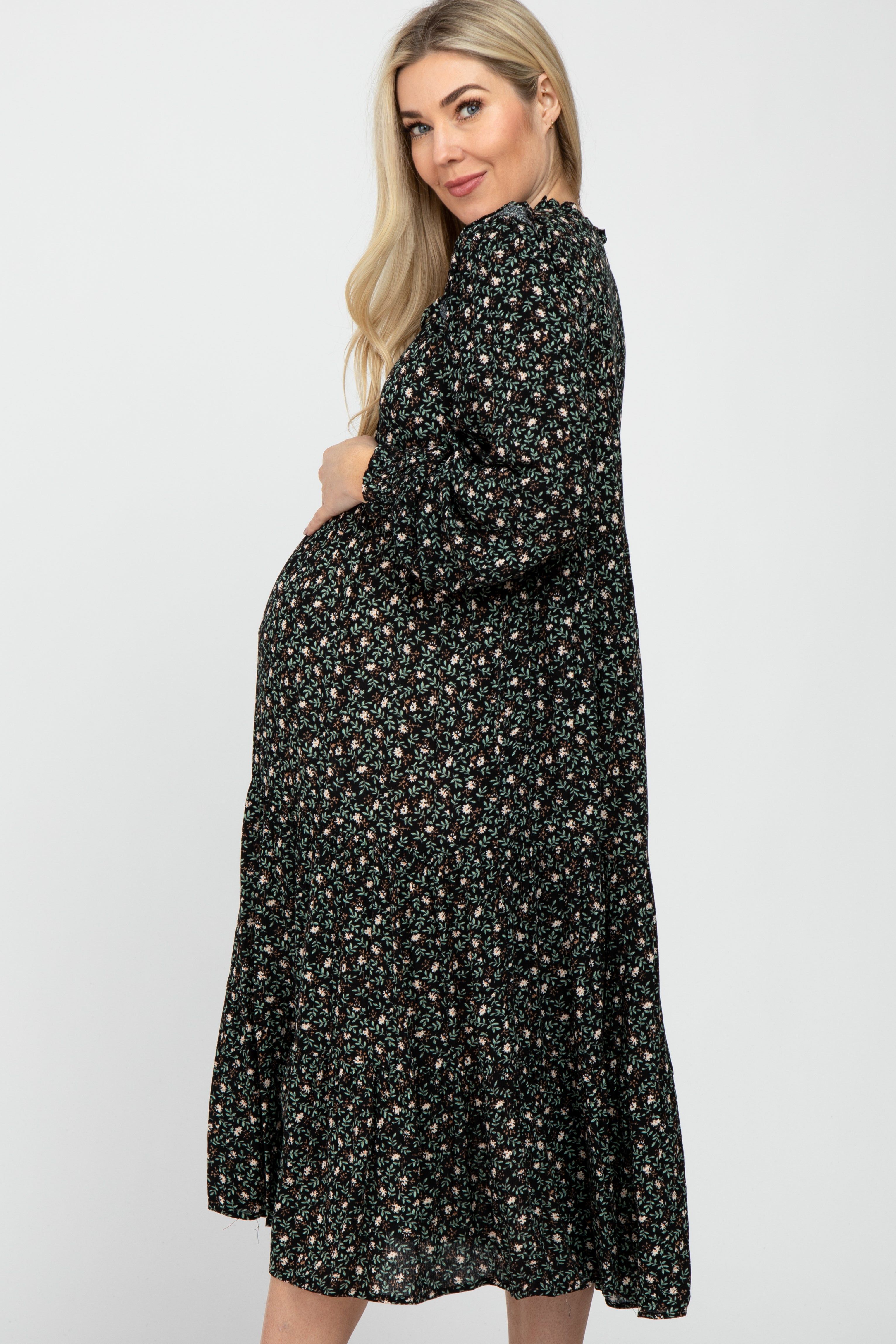 Black Floral Tiered Long Sleeve Maternity Midi Dress sold by Pinkblush product image thumbnail 3