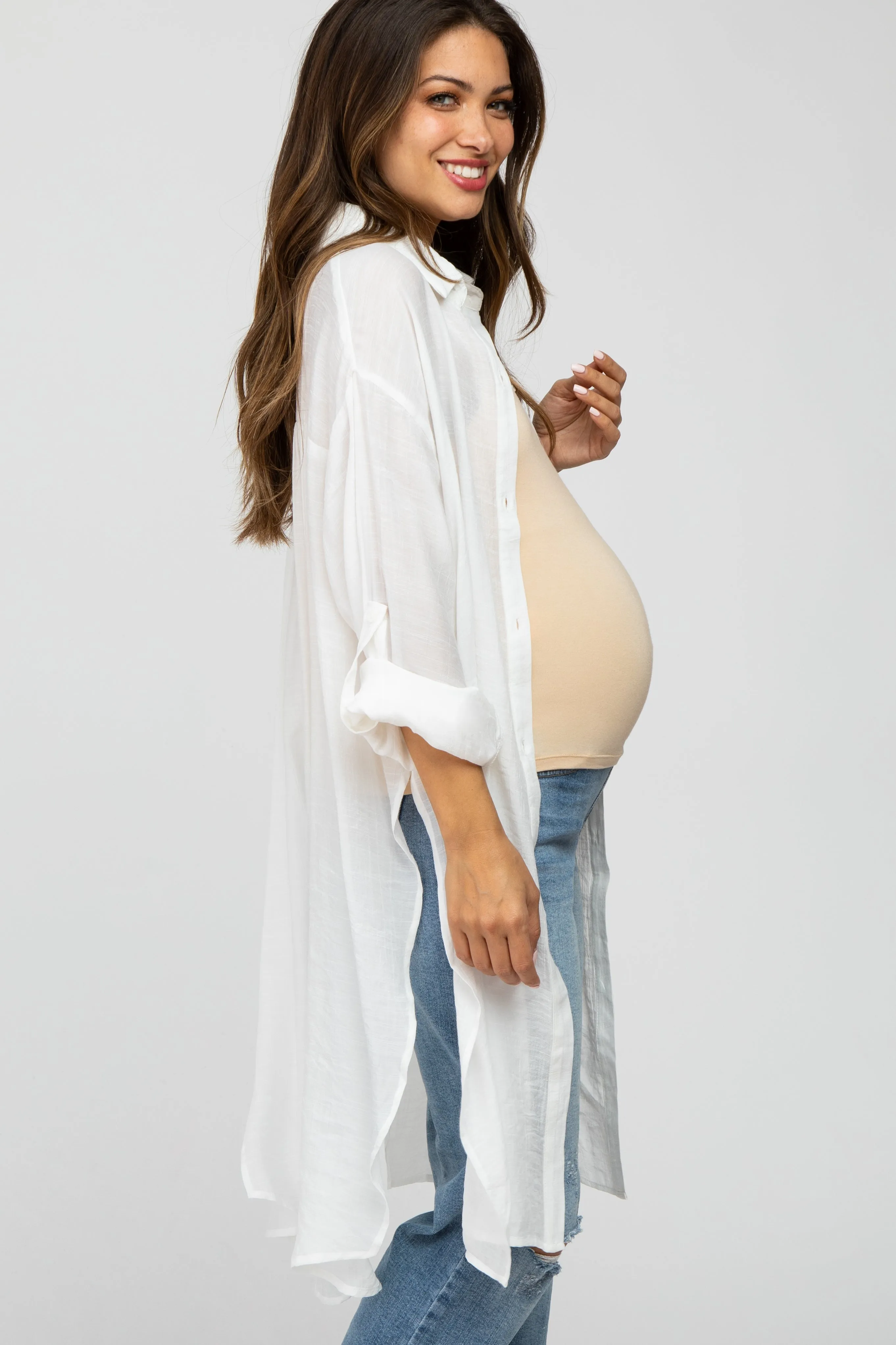 Ivory Button Front Side Slit Oversized Maternity Blouse sold by Pinkblush product image thumbnail 3
