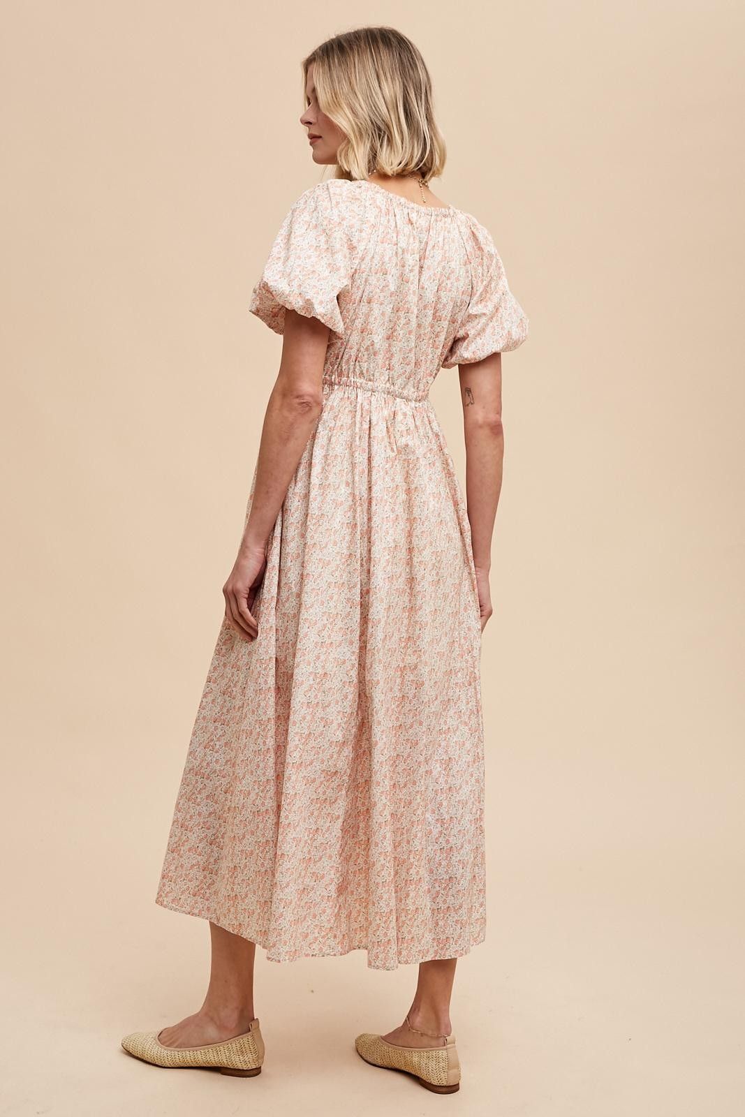 Peach Strawberry Floral Puff Sleeve Midi Dress sold by Pinkblush product image thumbnail 4