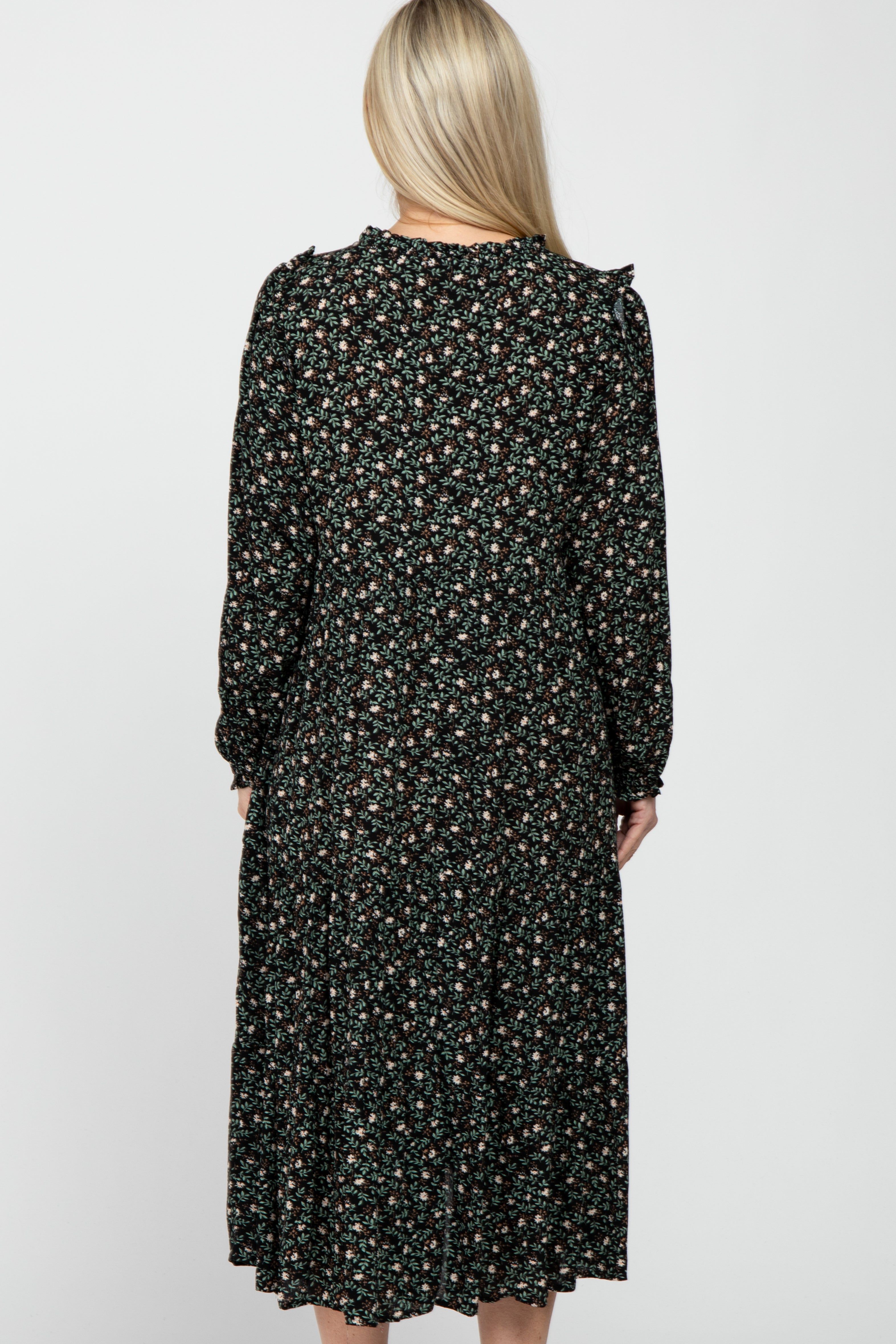 Black Floral Tiered Long Sleeve Maternity Midi Dress sold by Pinkblush product image thumbnail 4